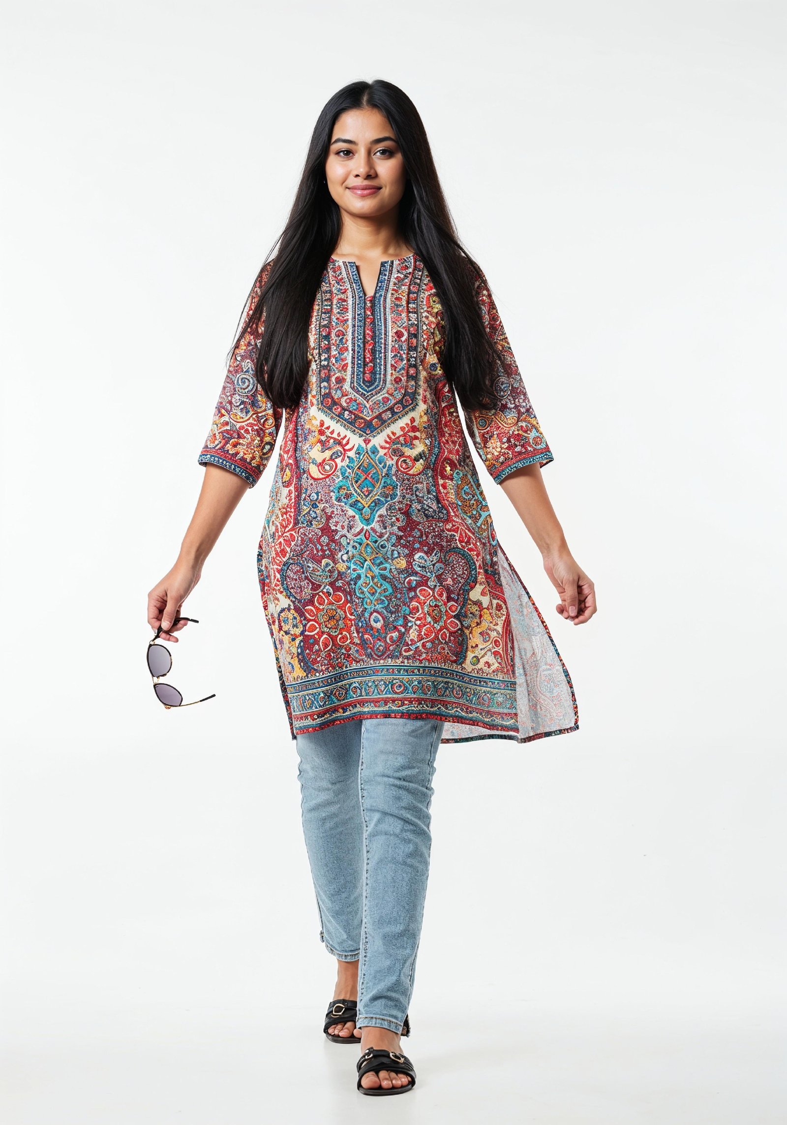 Stylish Young Woman Walking in Printed Kurti and Jeans Ethnic Fashion Portrait