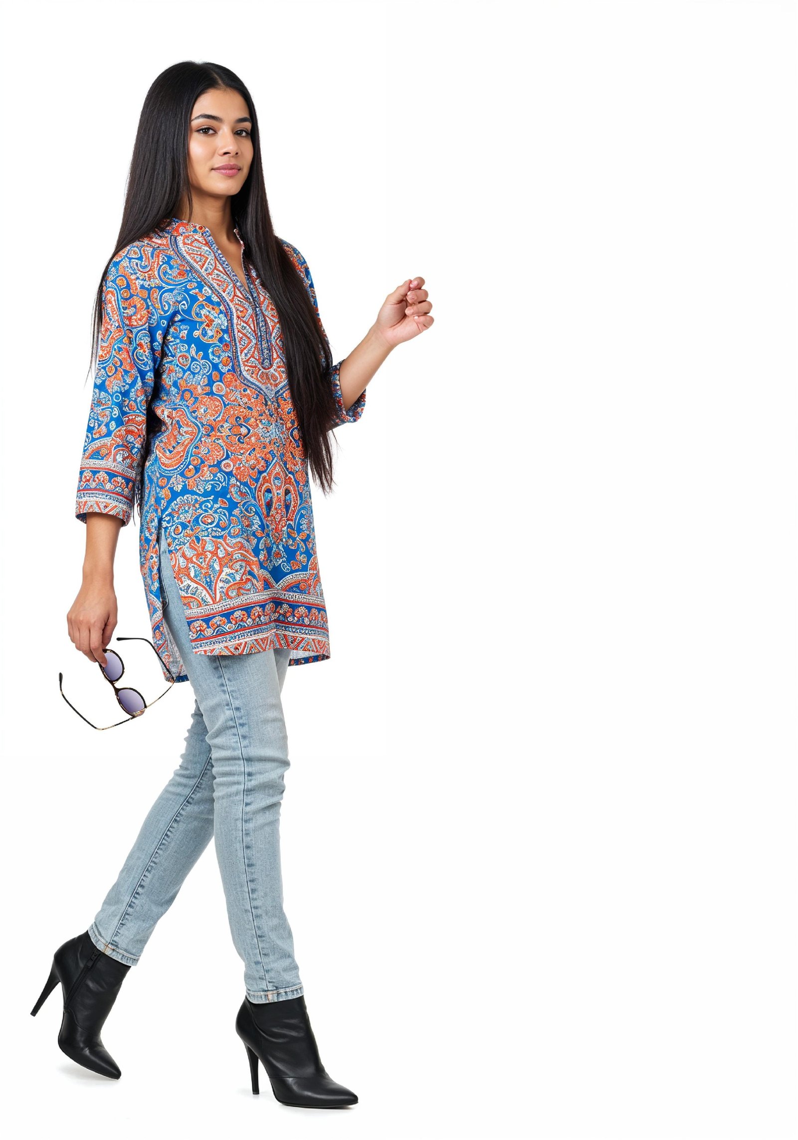 Stylish Young Woman Walking in Printed Kurti and Jeans Ethnic Fashion Portrait