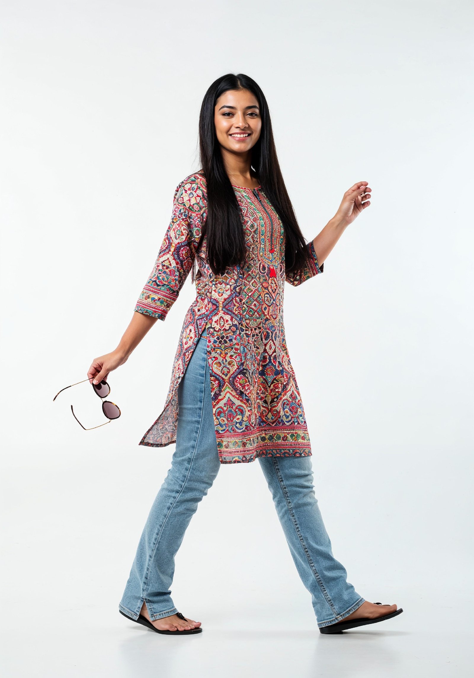 Stylish Young Woman Walking in Printed Kurti and Jeans Ethnic Fashion Portrait