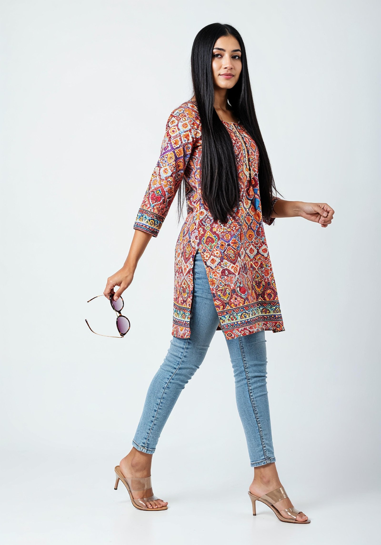 Stylish Young Woman Walking in Printed Kurti and Jeans Ethnic Fashion Portrait