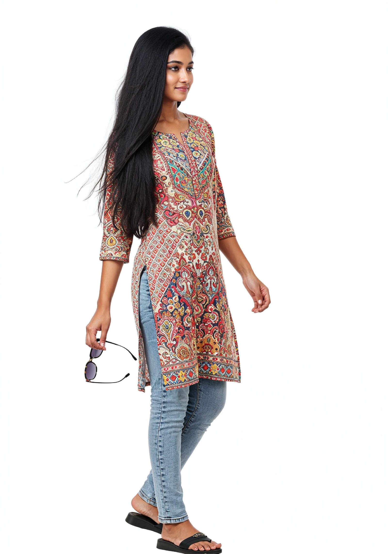 Stylish Young Woman Walking in Printed Kurti and Jeans Ethnic Fashion Portrait
