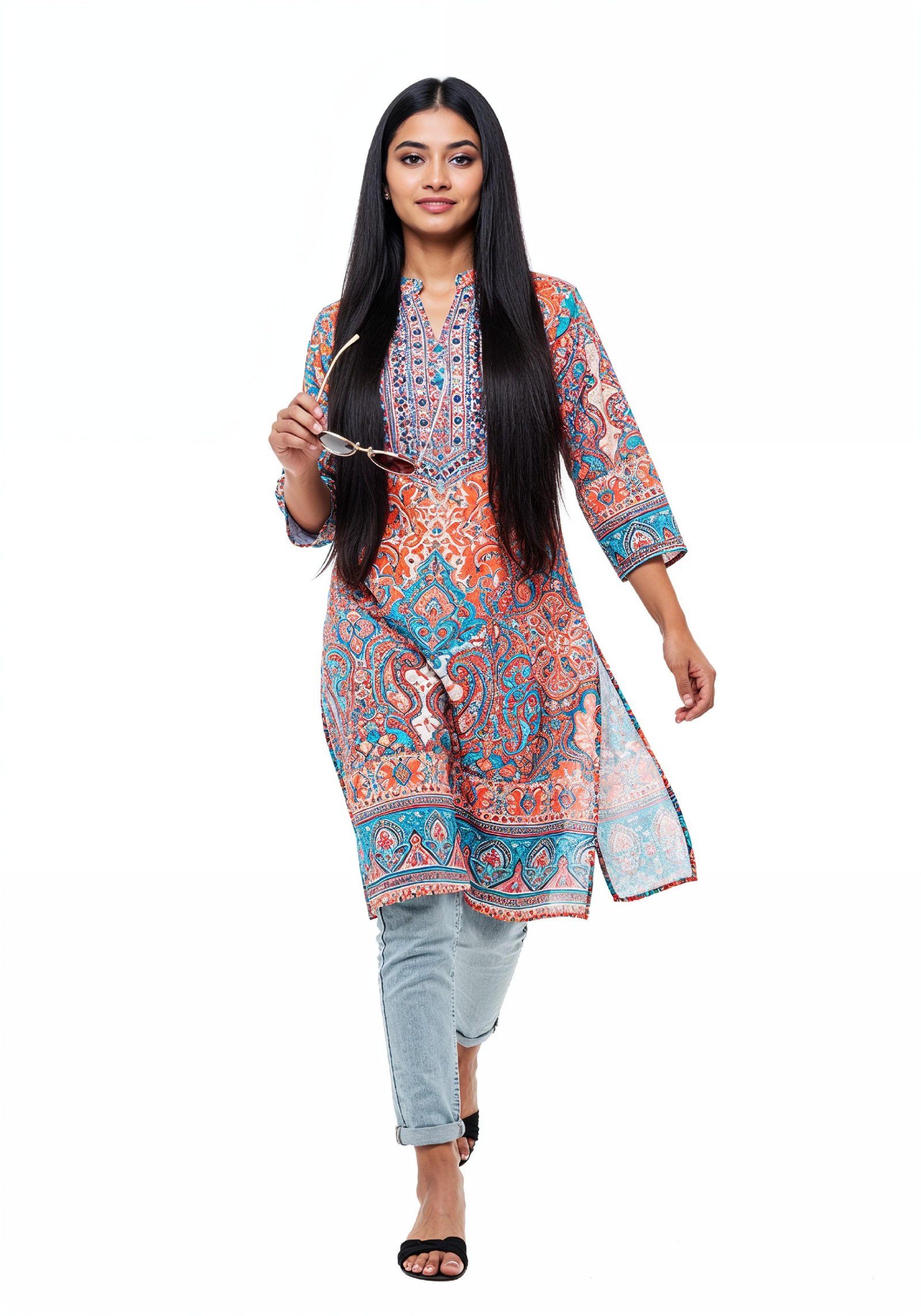Stylish Young Woman Walking in Printed Kurti and Jeans Ethnic Fashion Portrait