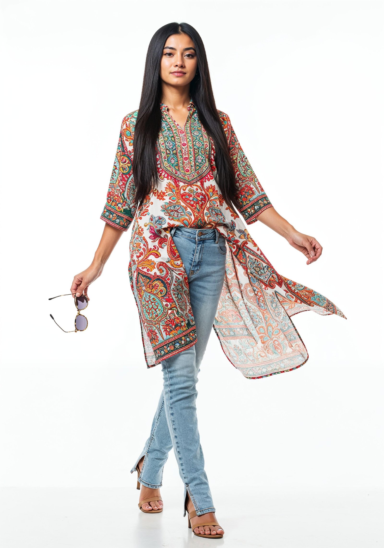 Stylish Young Woman Walking in Printed Kurti and Jeans Ethnic Fashion Portrait