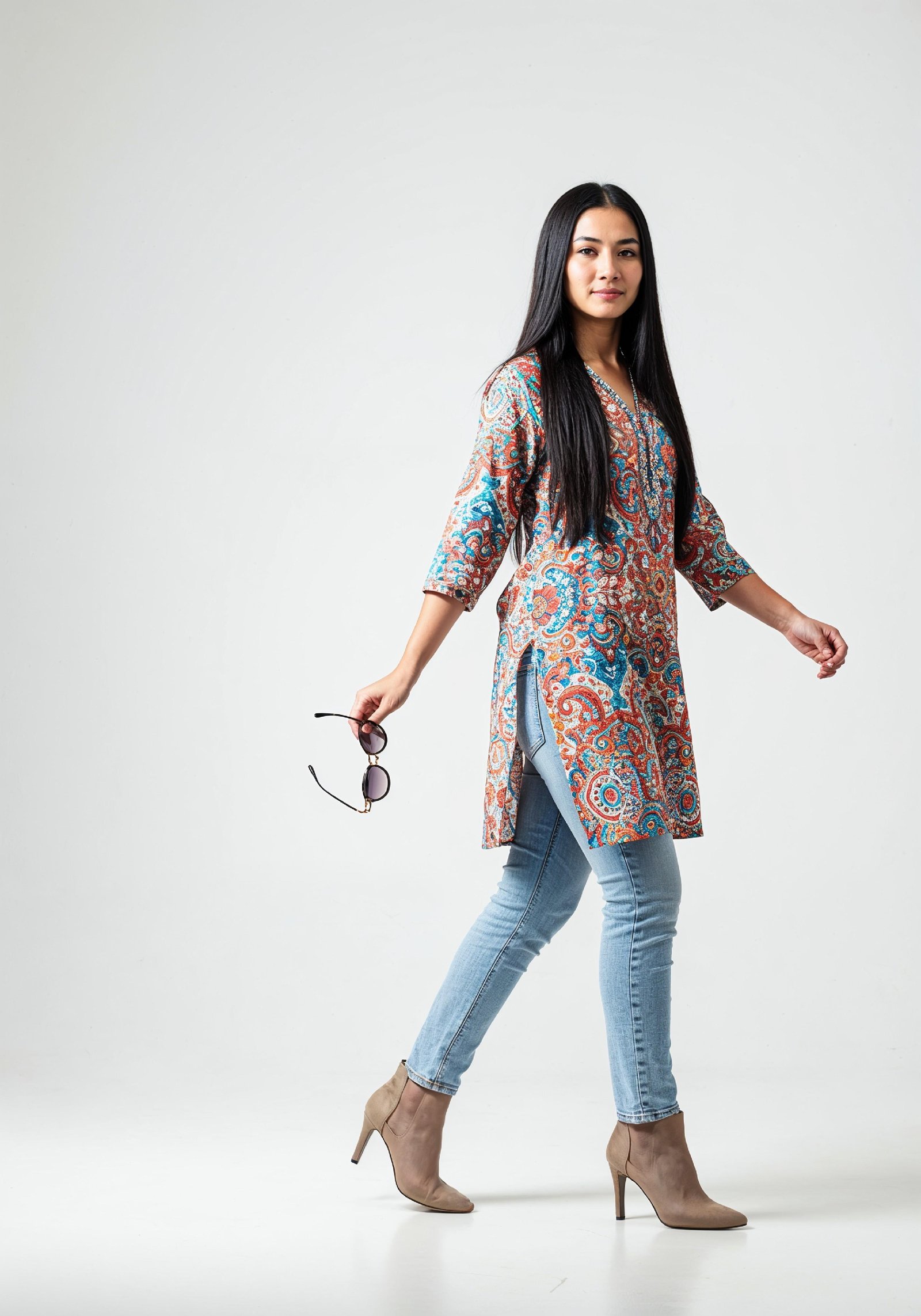 Stylish Young Woman Walking in Printed Kurti and Jeans Ethnic Fashion Portrait