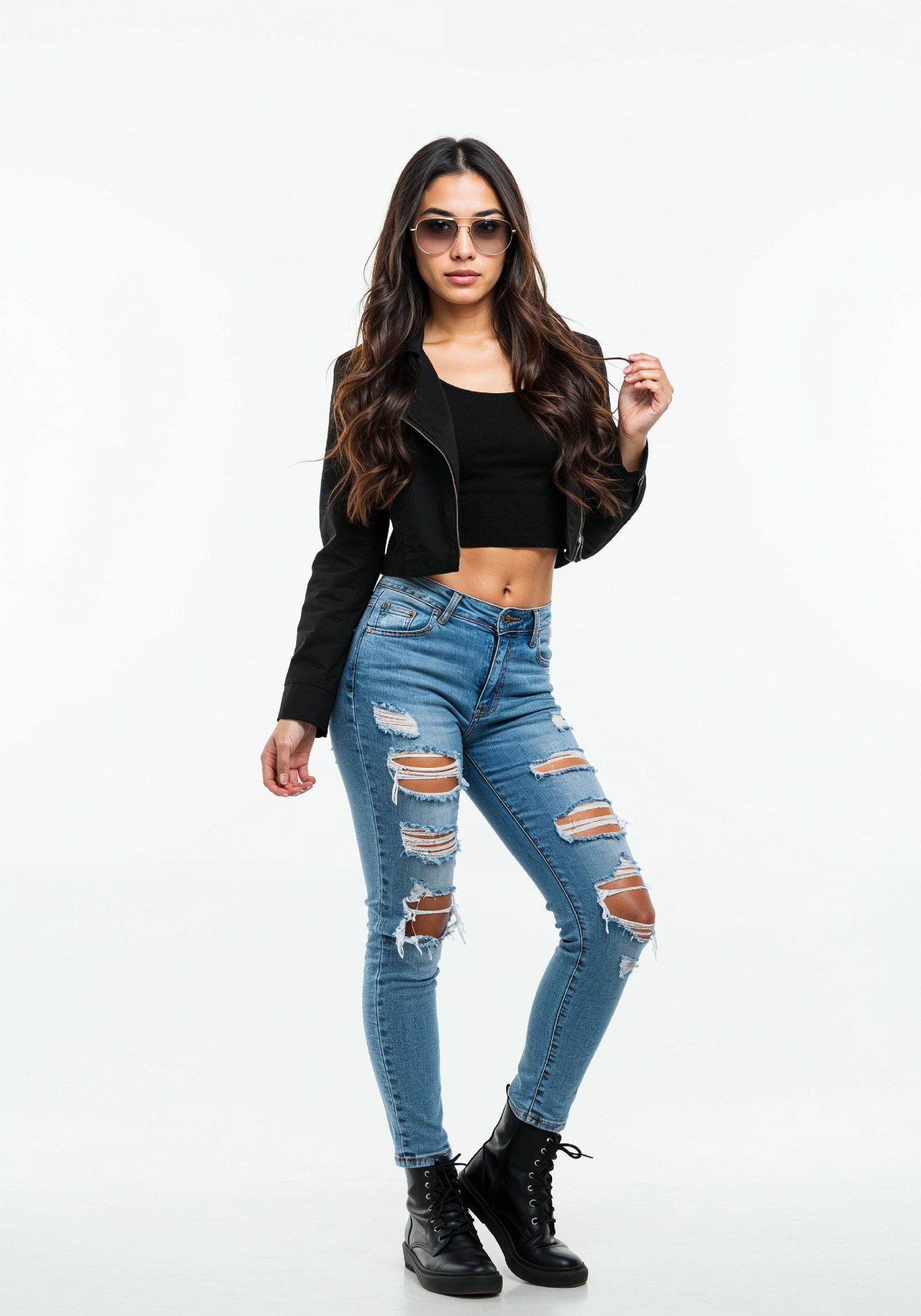 Trendy Young Woman in Ripped Jeans and Casual Jacket Modern Street Fashion Portrait