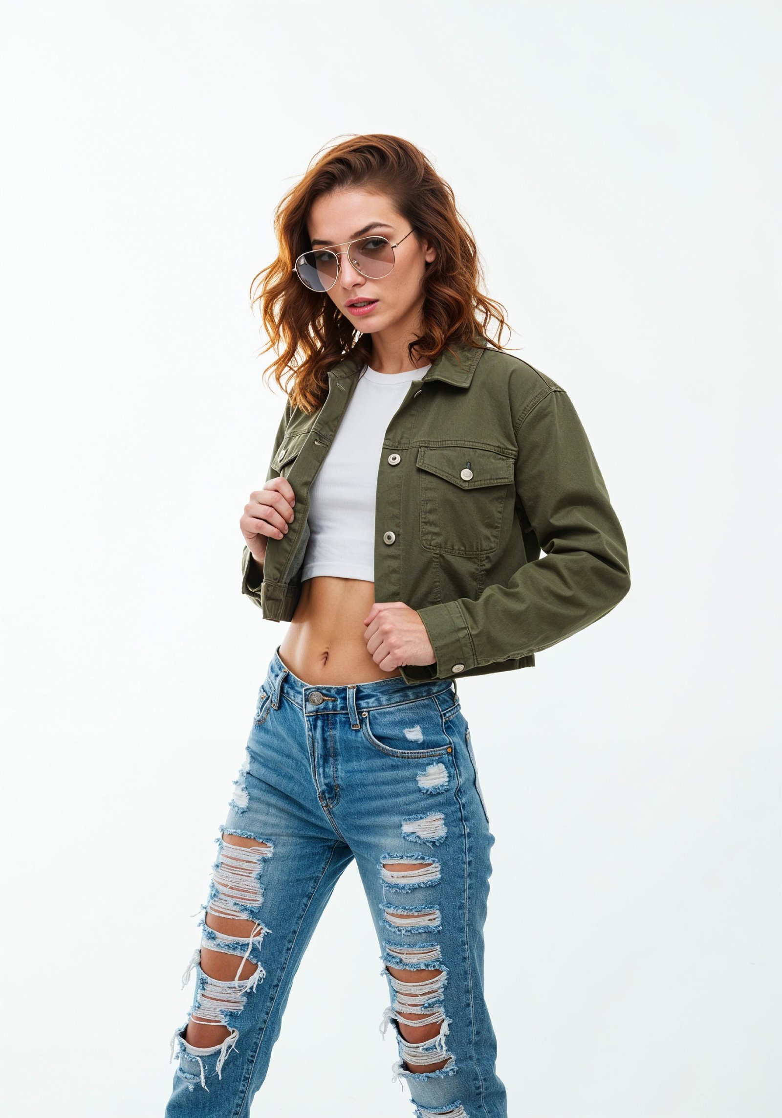 Trendy Young Woman in Ripped Jeans and Casual Jacket Modern Street Fashion Portrait