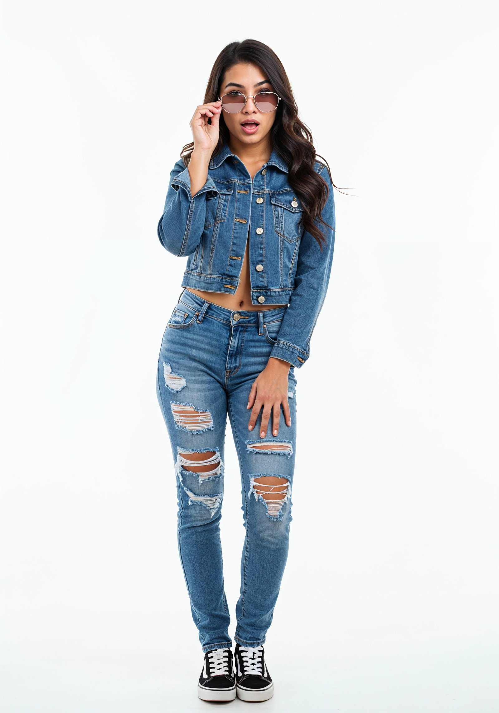 Trendy Young Woman in Ripped Jeans and Casual Jacket Modern Street Fashion Portrait