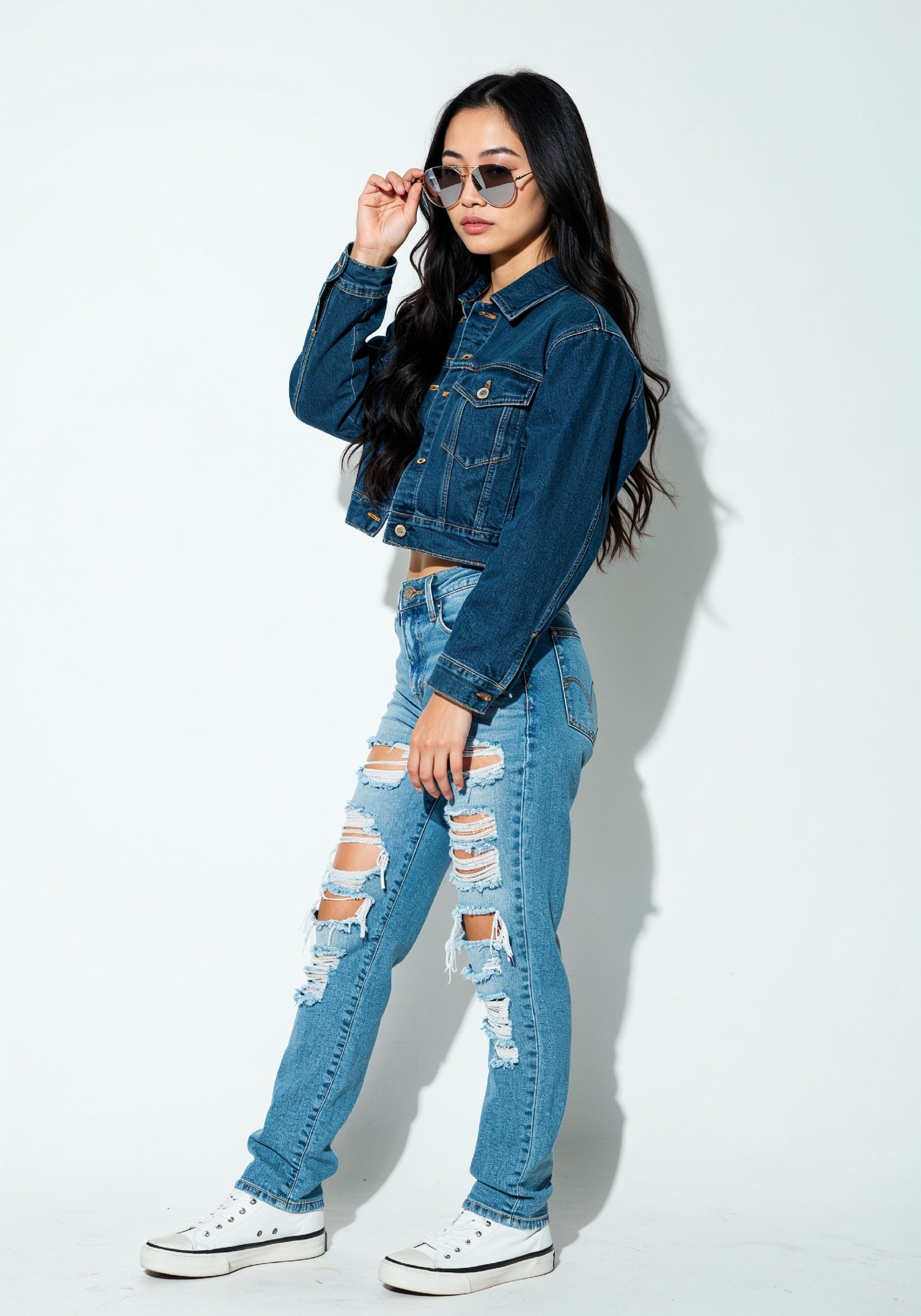 Trendy Young Woman in Ripped Jeans and Casual Jacket Modern Street Fashion Portrait