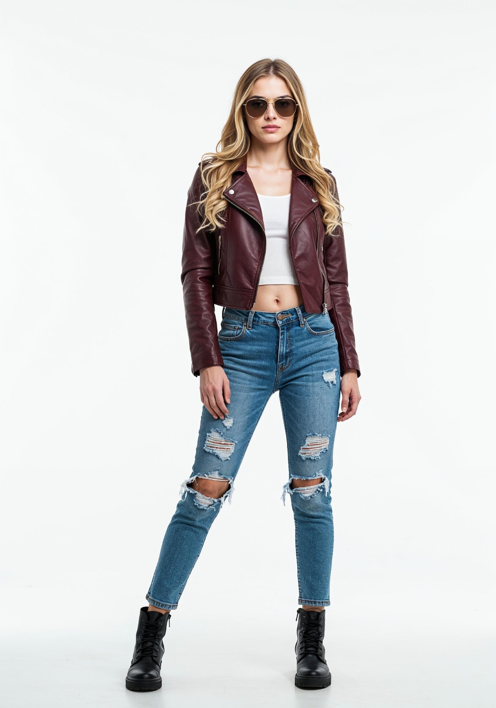 Trendy Young Woman in Ripped Jeans and Casual Jacket Modern Street Fashion Portrait