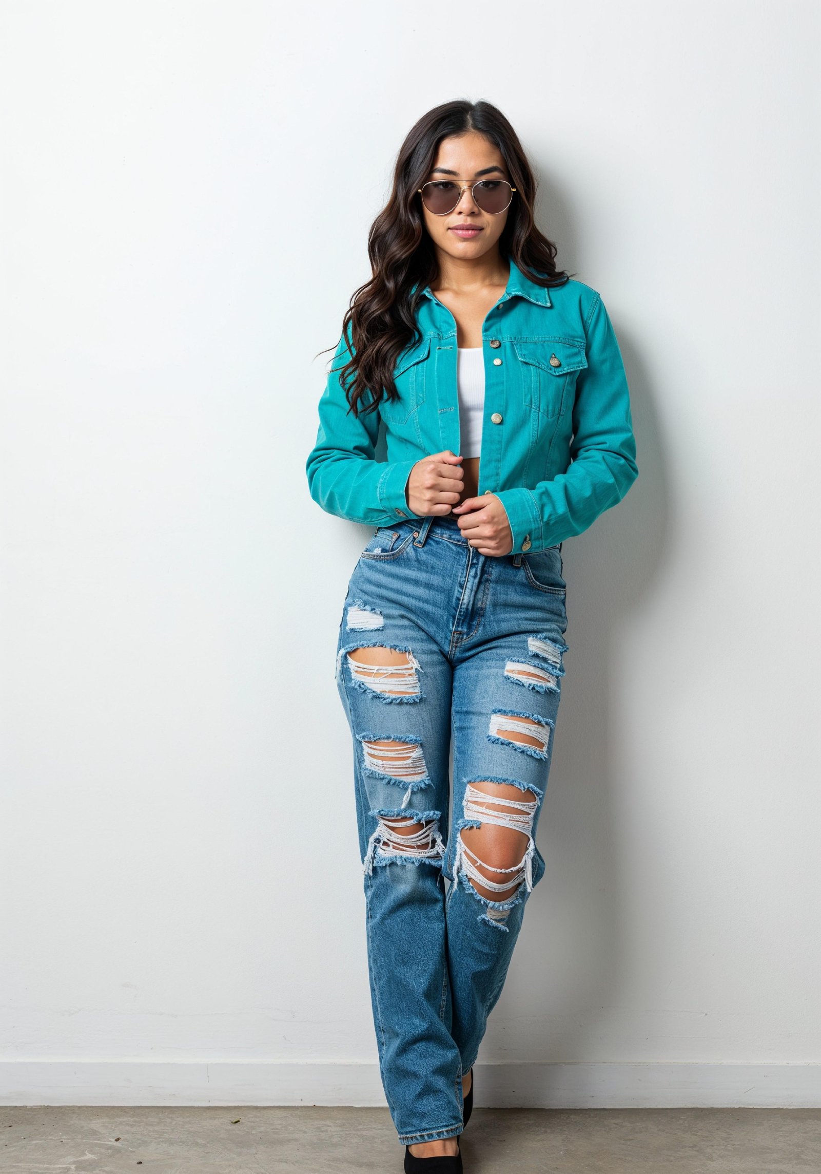 Trendy Young Woman in Ripped Jeans and Casual Jacket Modern Street Fashion Portrait