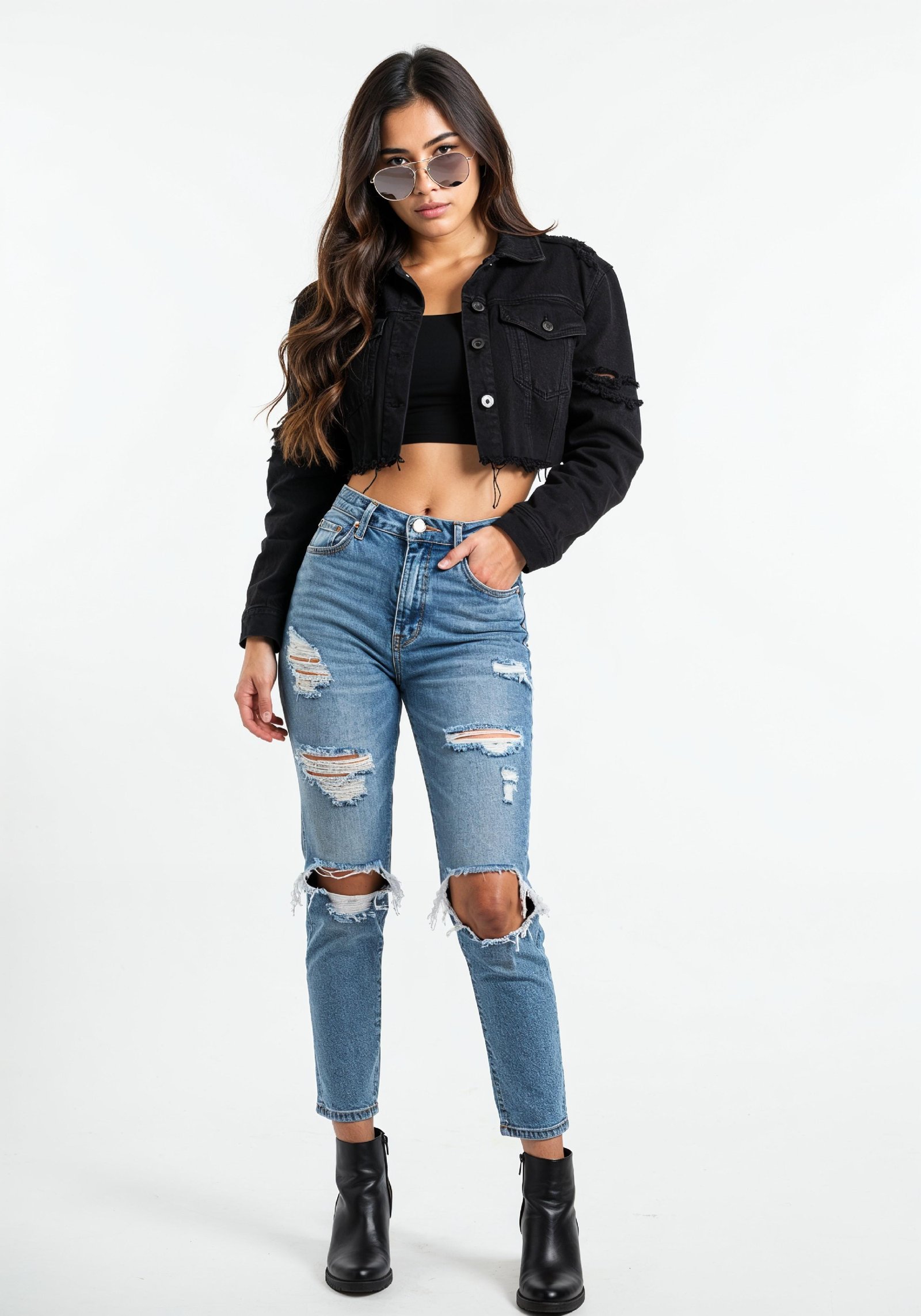 Trendy Young Woman in Ripped Jeans and Casual Jacket Modern Street Fashion Portrait