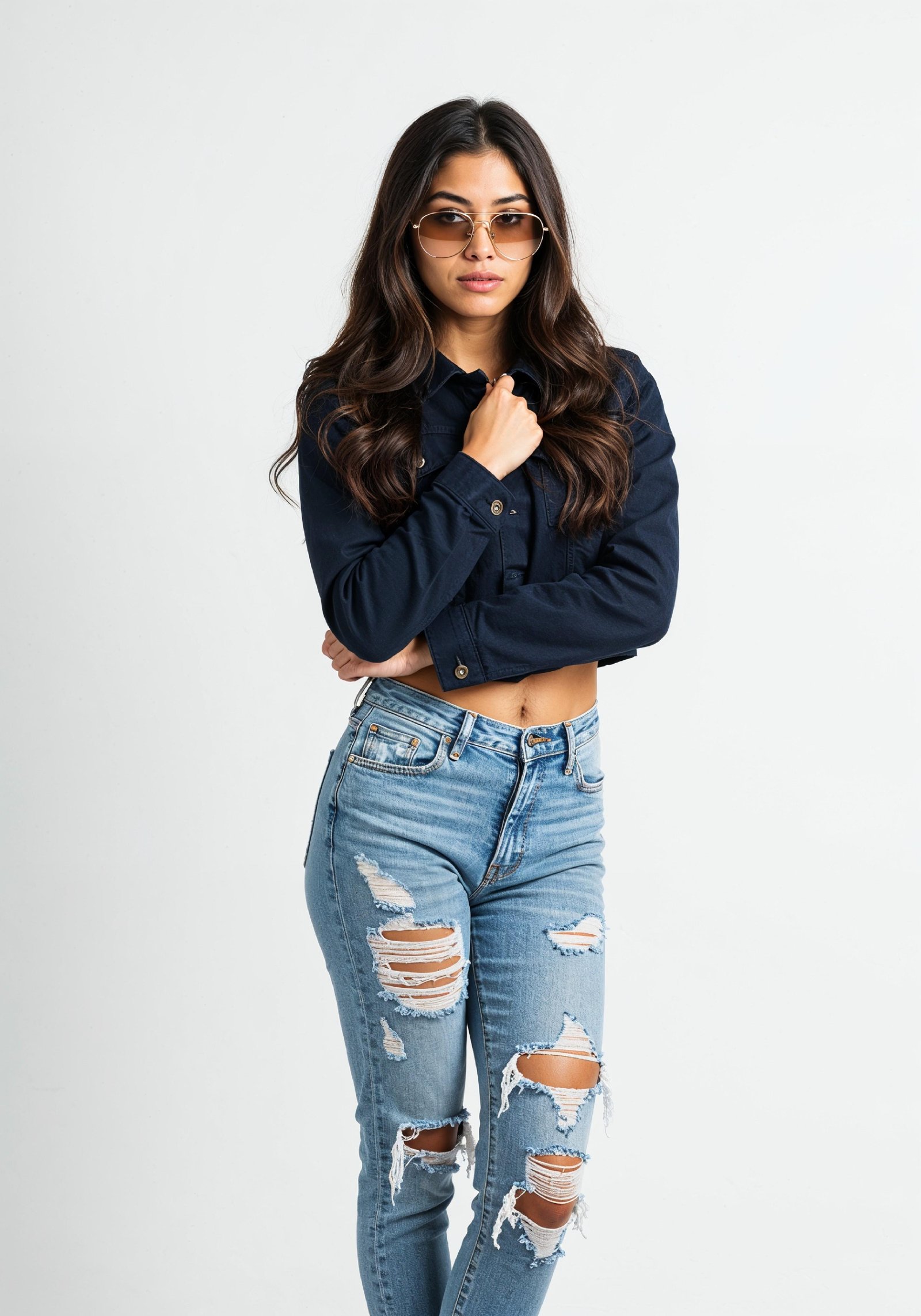 Trendy Young Woman in Ripped Jeans and Casual Jacket Modern Street Fashion Portrait