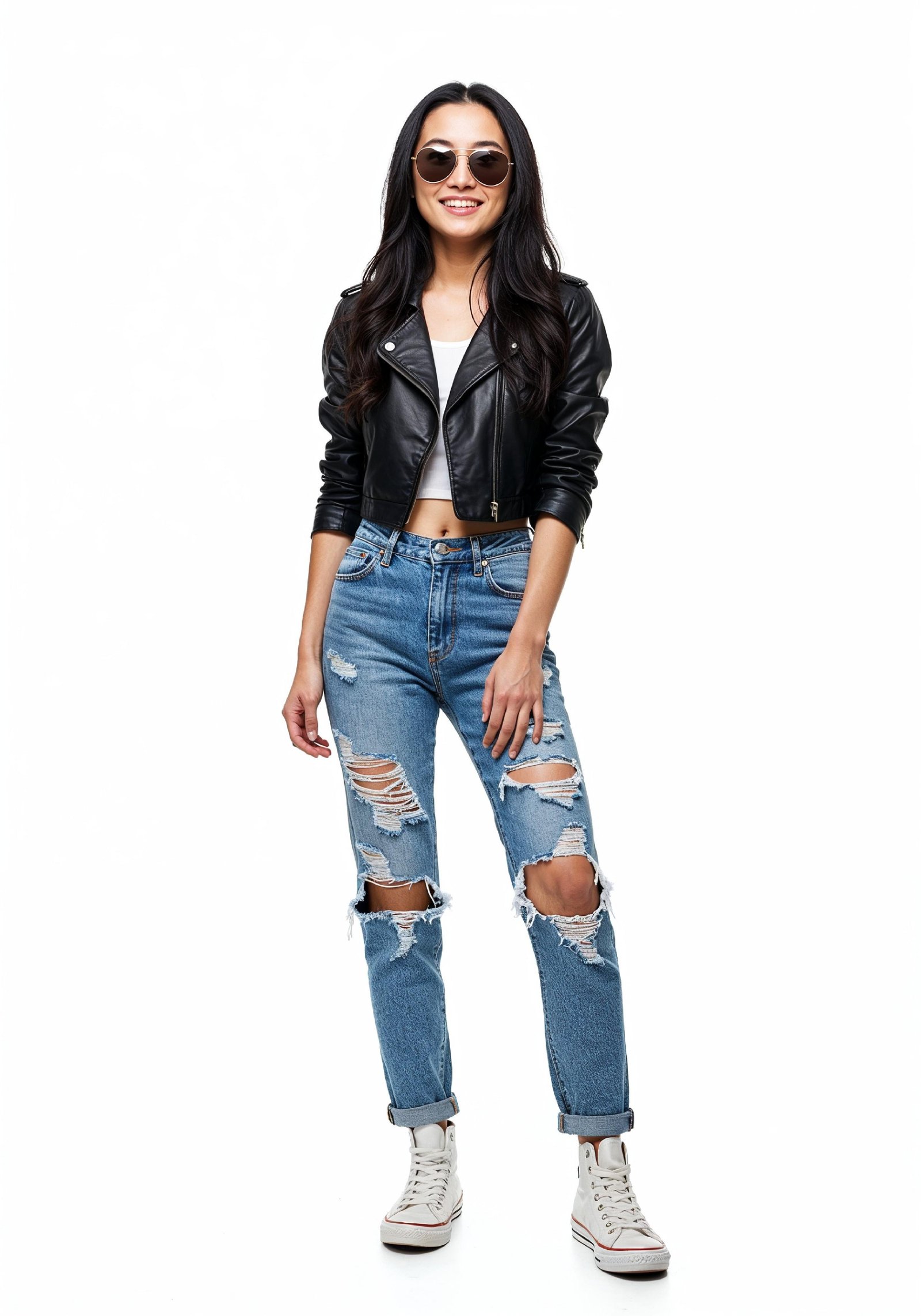 Trendy Young Woman in Ripped Jeans and Casual Jacket Modern Street Fashion Portrait