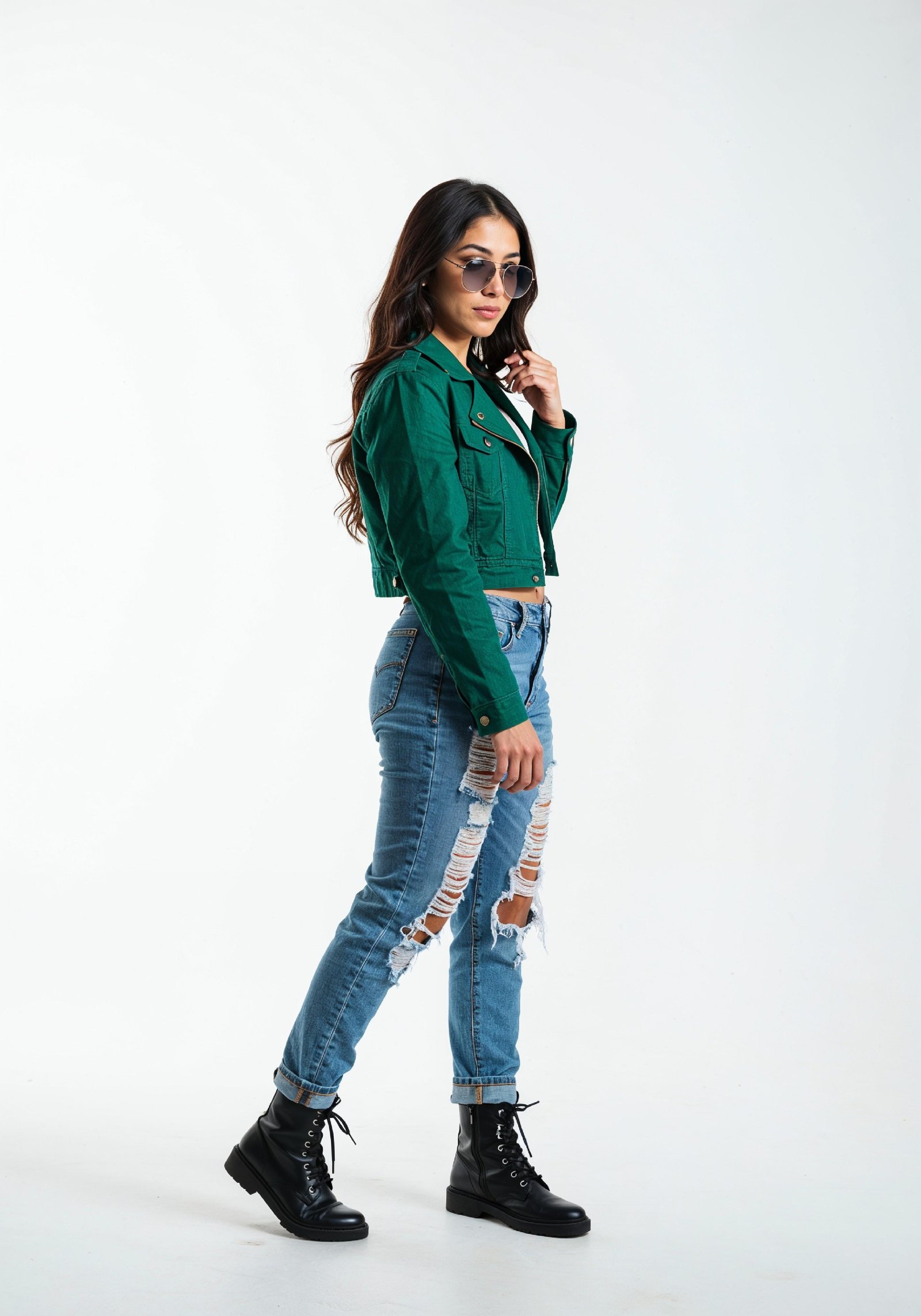 Trendy Young Woman in Ripped Jeans and Casual Jacket Modern Street Fashion Portrait