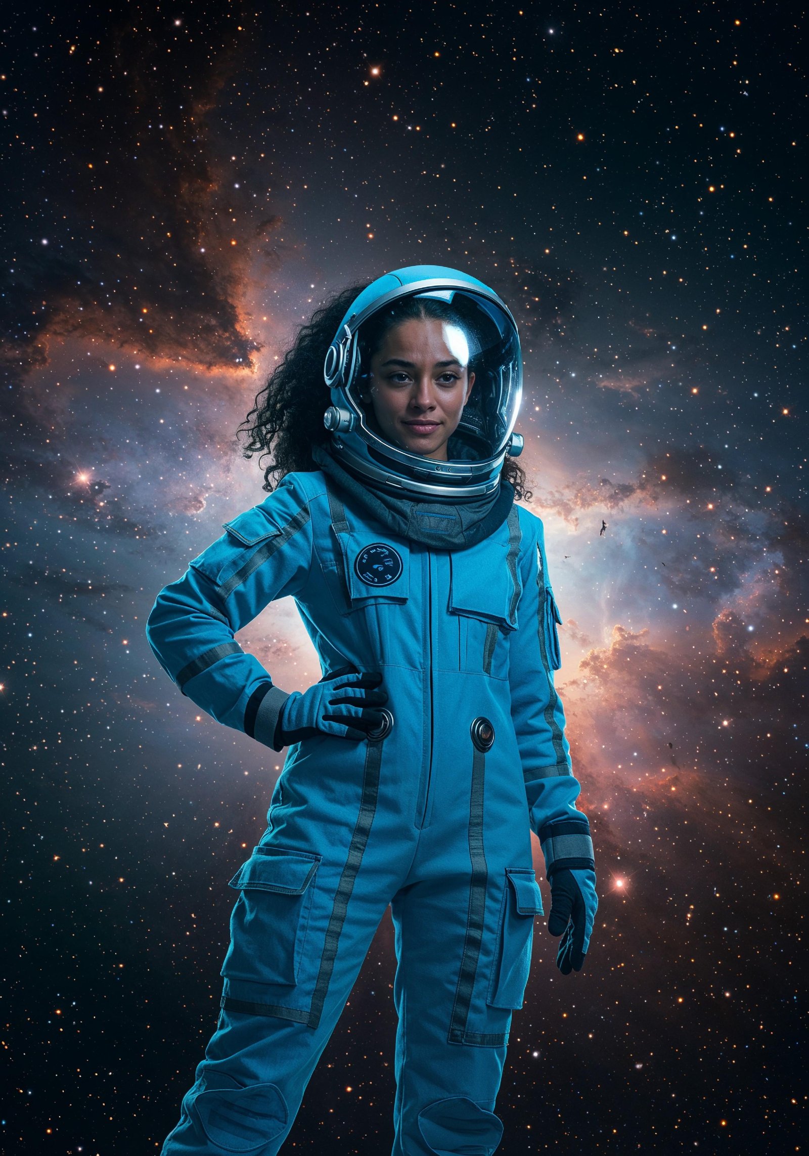 Young Female Astronaut in Spacesuit Standing on Alien Planet and Lunar Surface Landscape