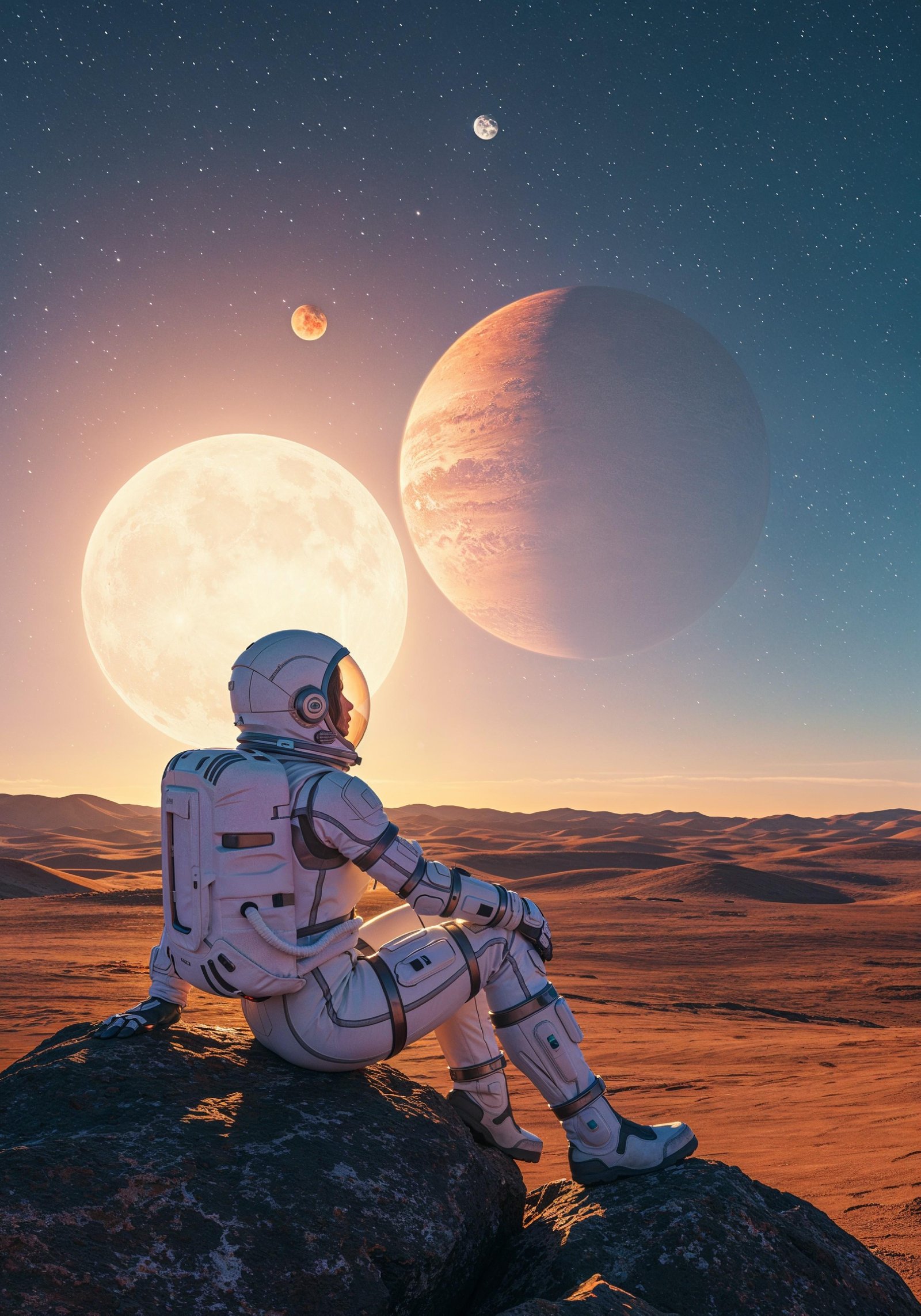 Young Female Astronaut in Spacesuit Standing on Alien Planet and Lunar Surface Landscape
