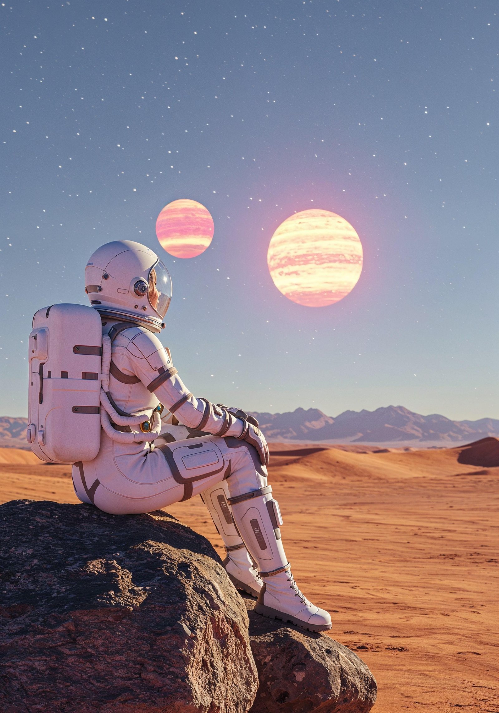 Young Female Astronaut in Spacesuit Standing on Alien Planet and Lunar Surface Landscape