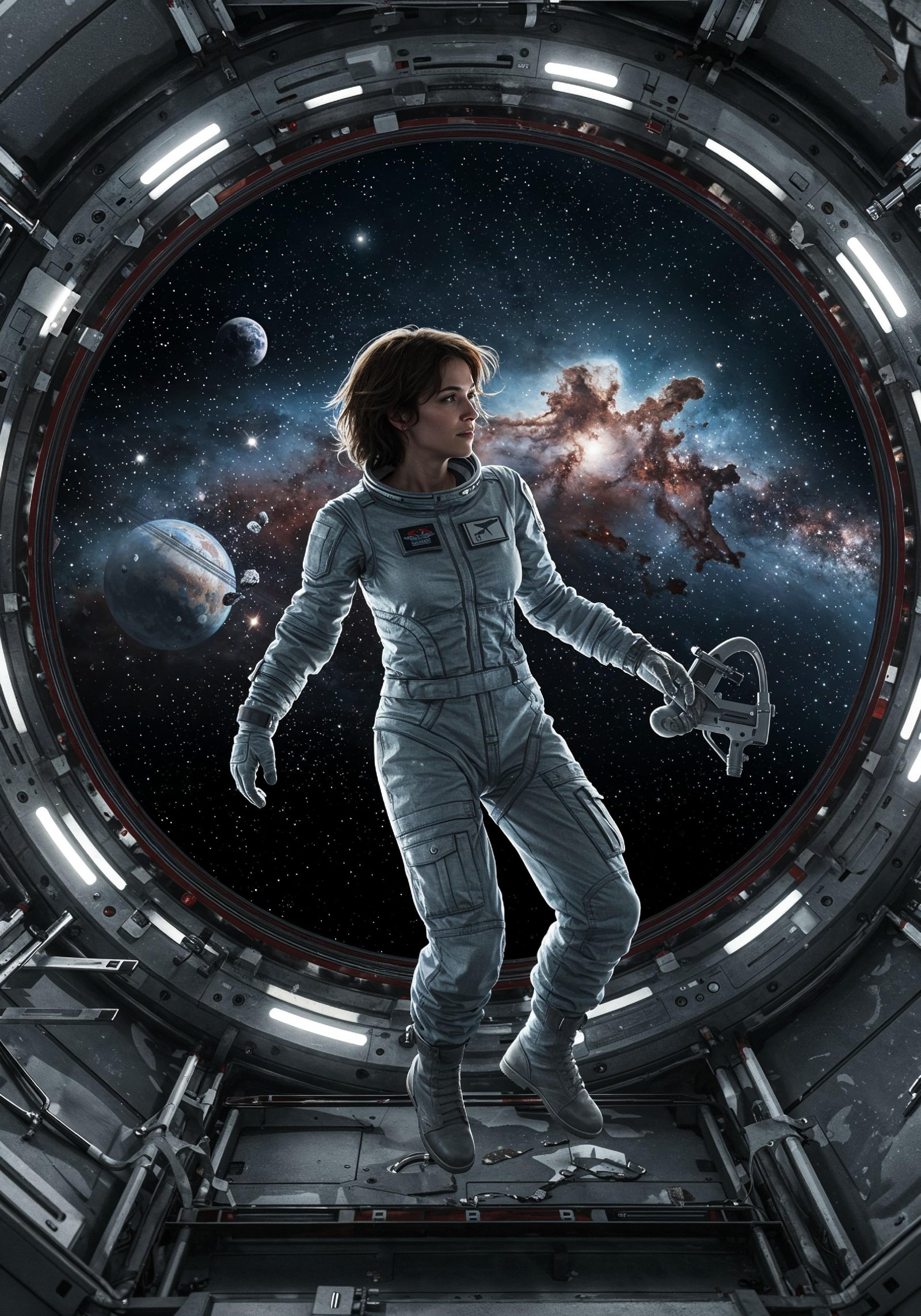 Young Female Astronaut in Spacesuit Standing on Alien Planet and Lunar Surface Landscape