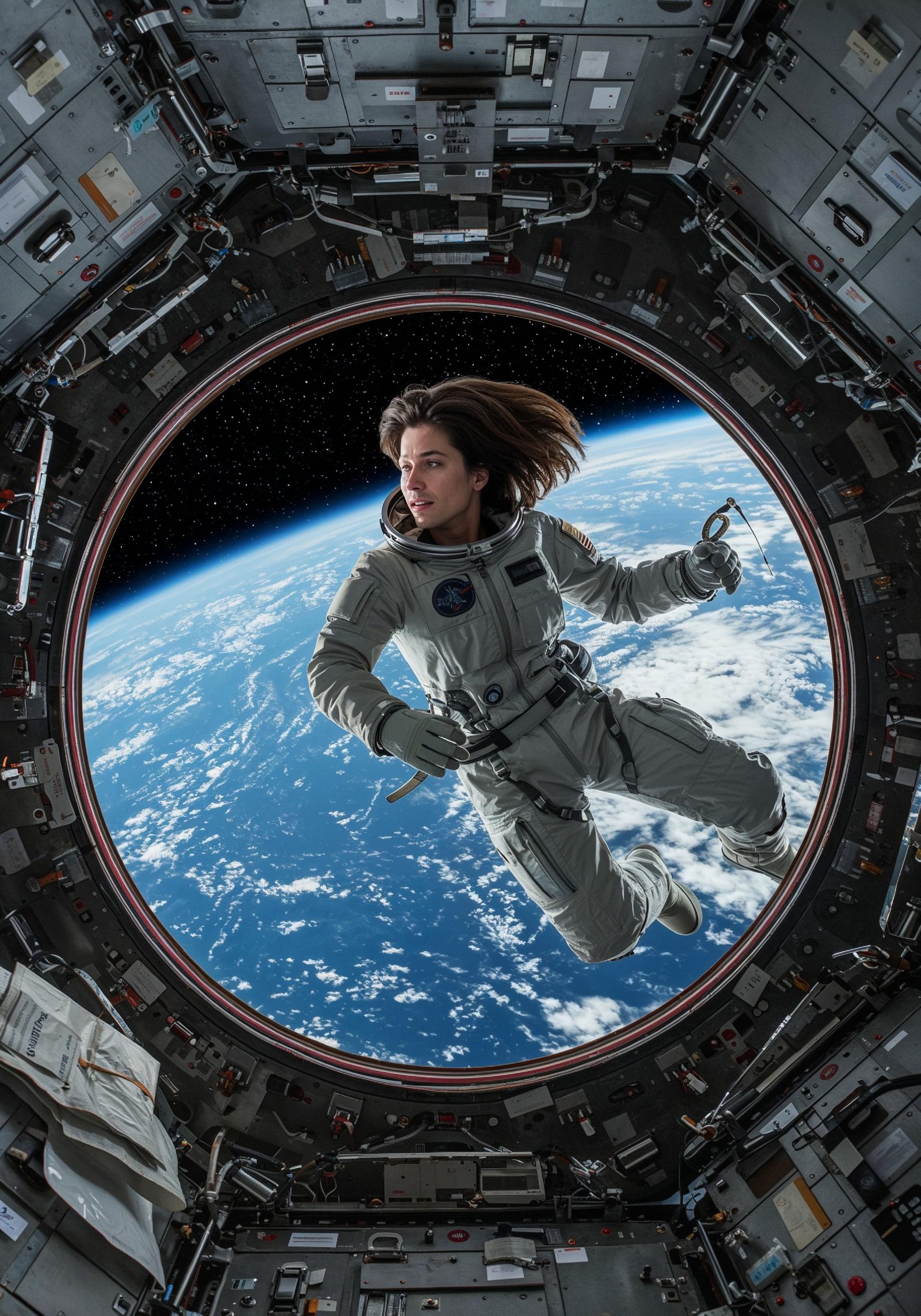 Young Female Astronaut in Spacesuit Standing on Alien Planet and Lunar Surface Landscape