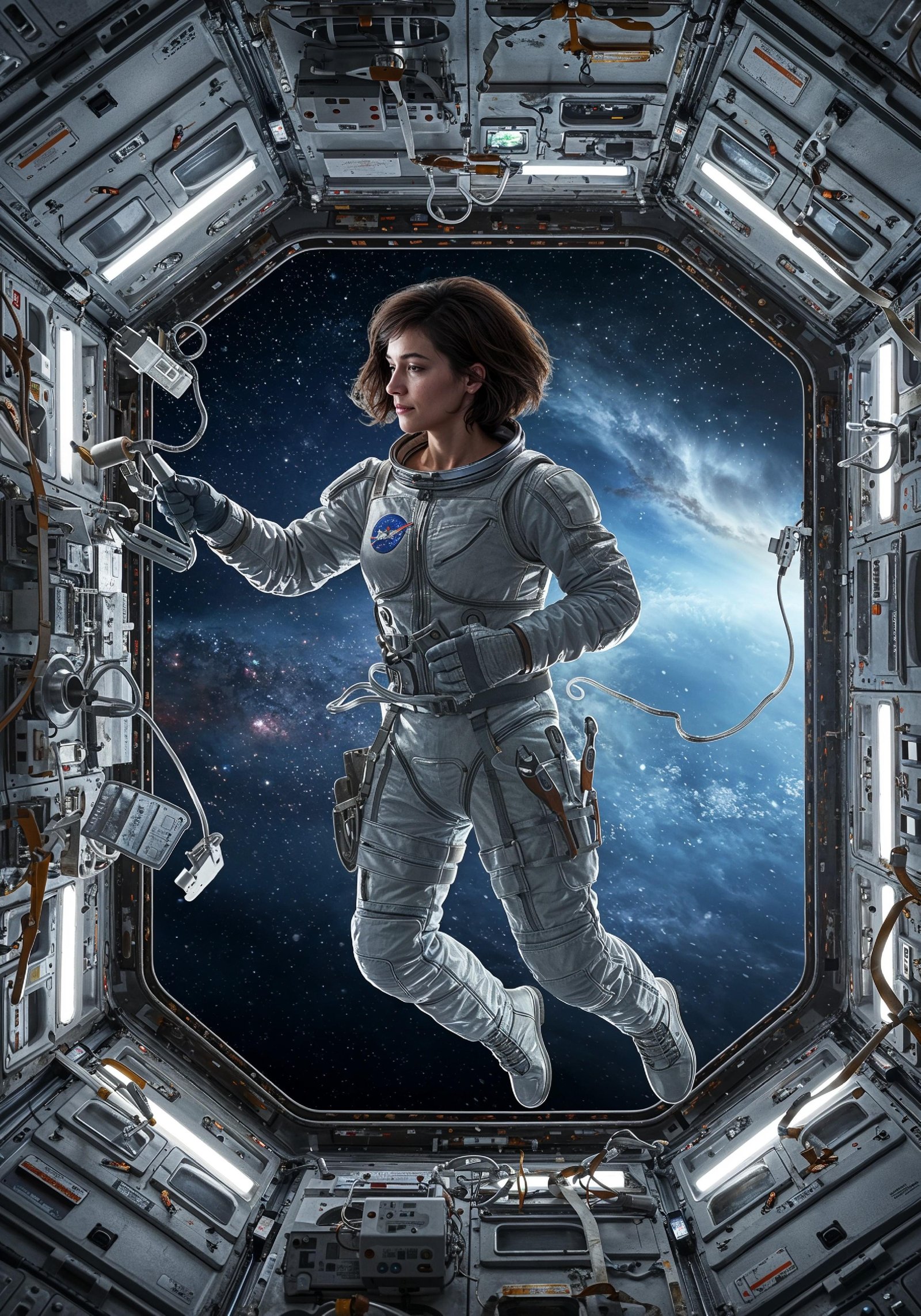 Young Female Astronaut in Spacesuit Standing on Alien Planet and Lunar Surface Landscape
