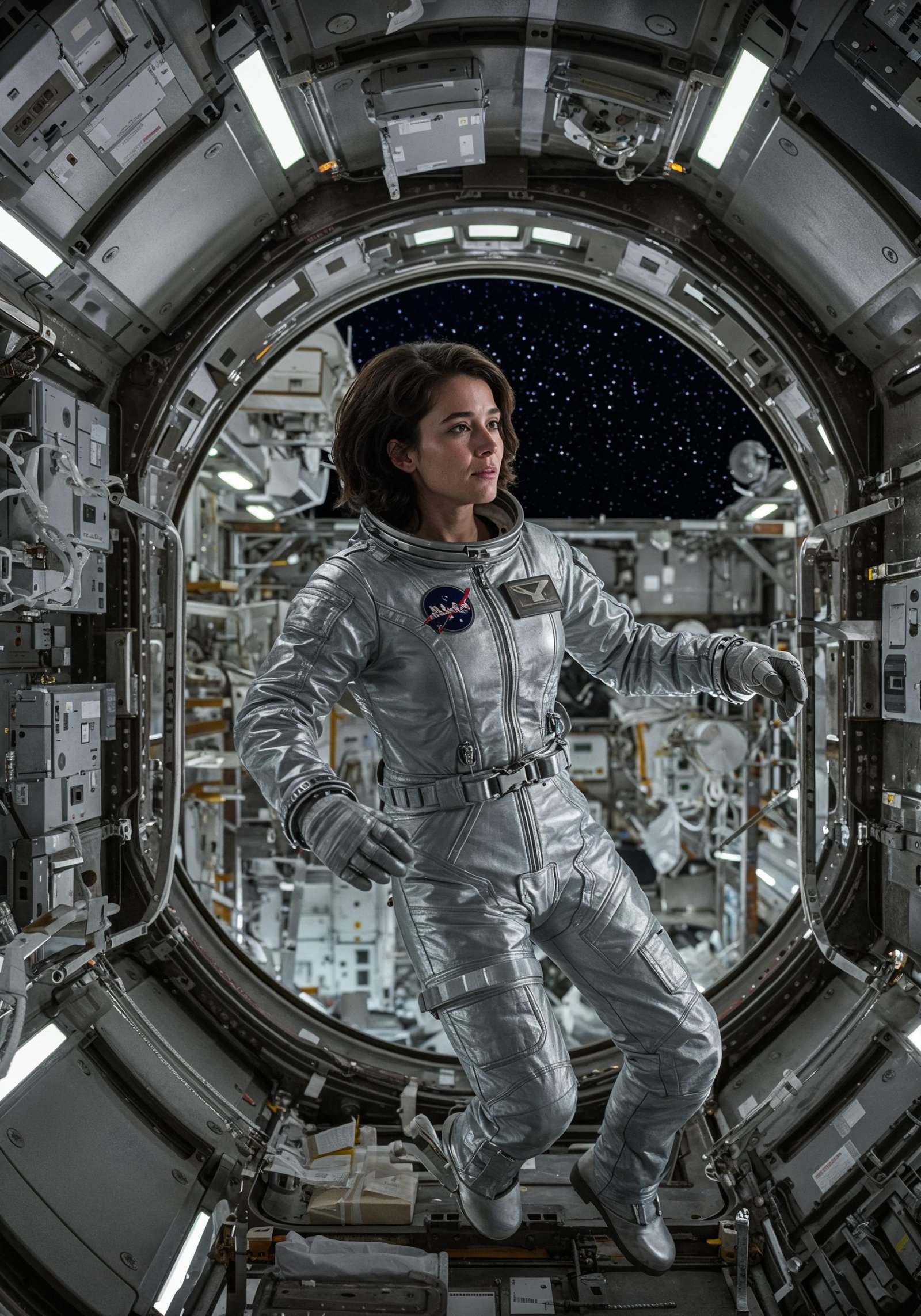 Young Female Astronaut in Spacesuit Standing on Alien Planet and Lunar Surface Landscape
