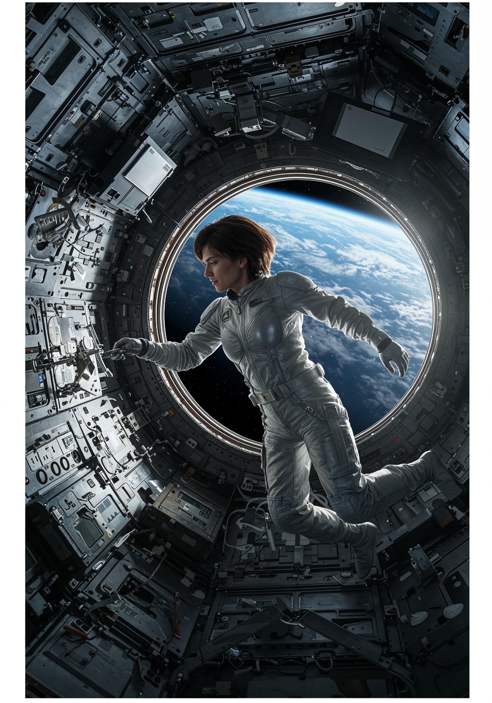 Young Female Astronaut in Spacesuit Standing on Alien Planet and Lunar Surface Landscape