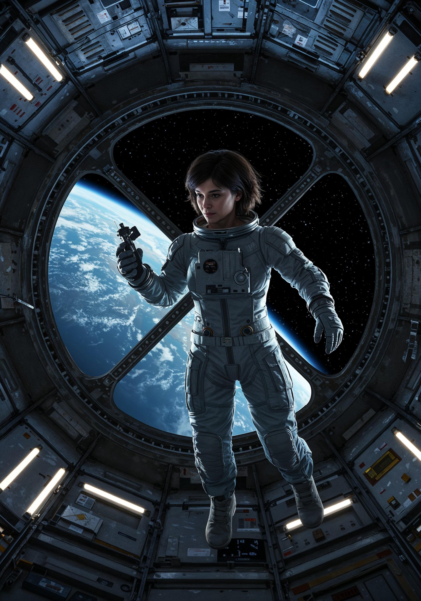 Young Female Astronaut in Spacesuit Standing on Alien Planet and Lunar Surface Landscape