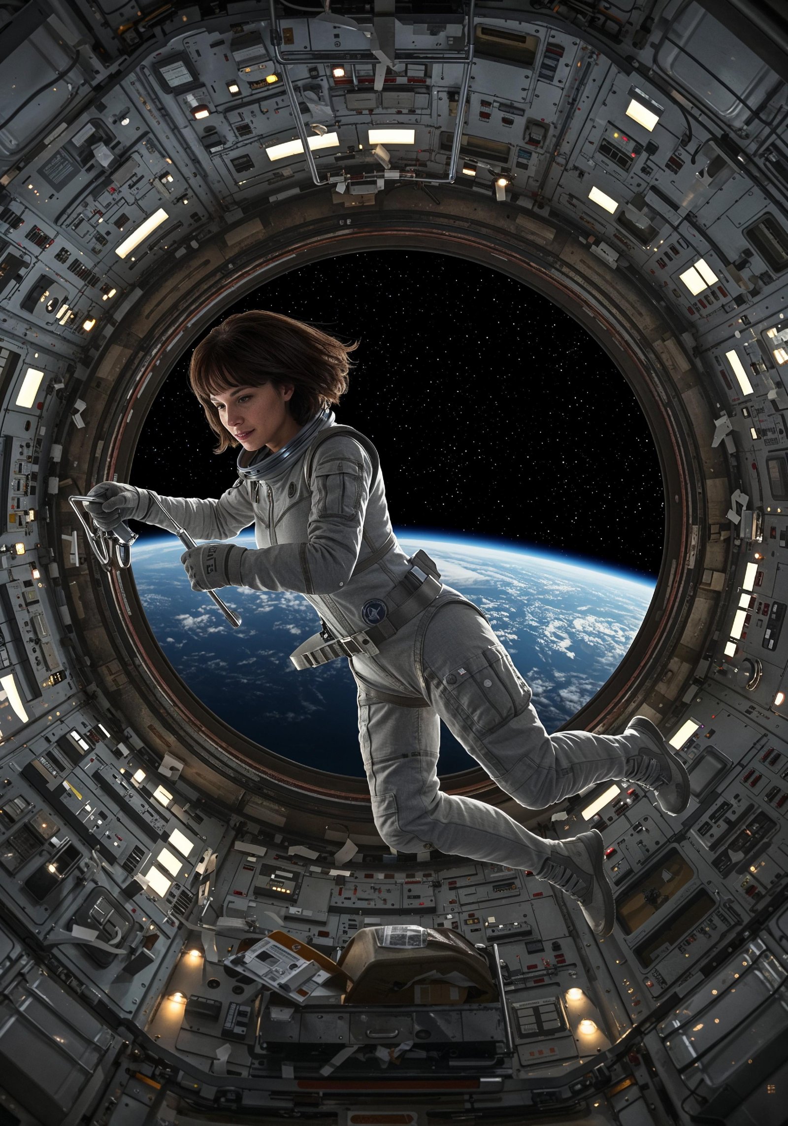 Young Female Astronaut in Spacesuit Standing on Alien Planet and Lunar Surface Landscape