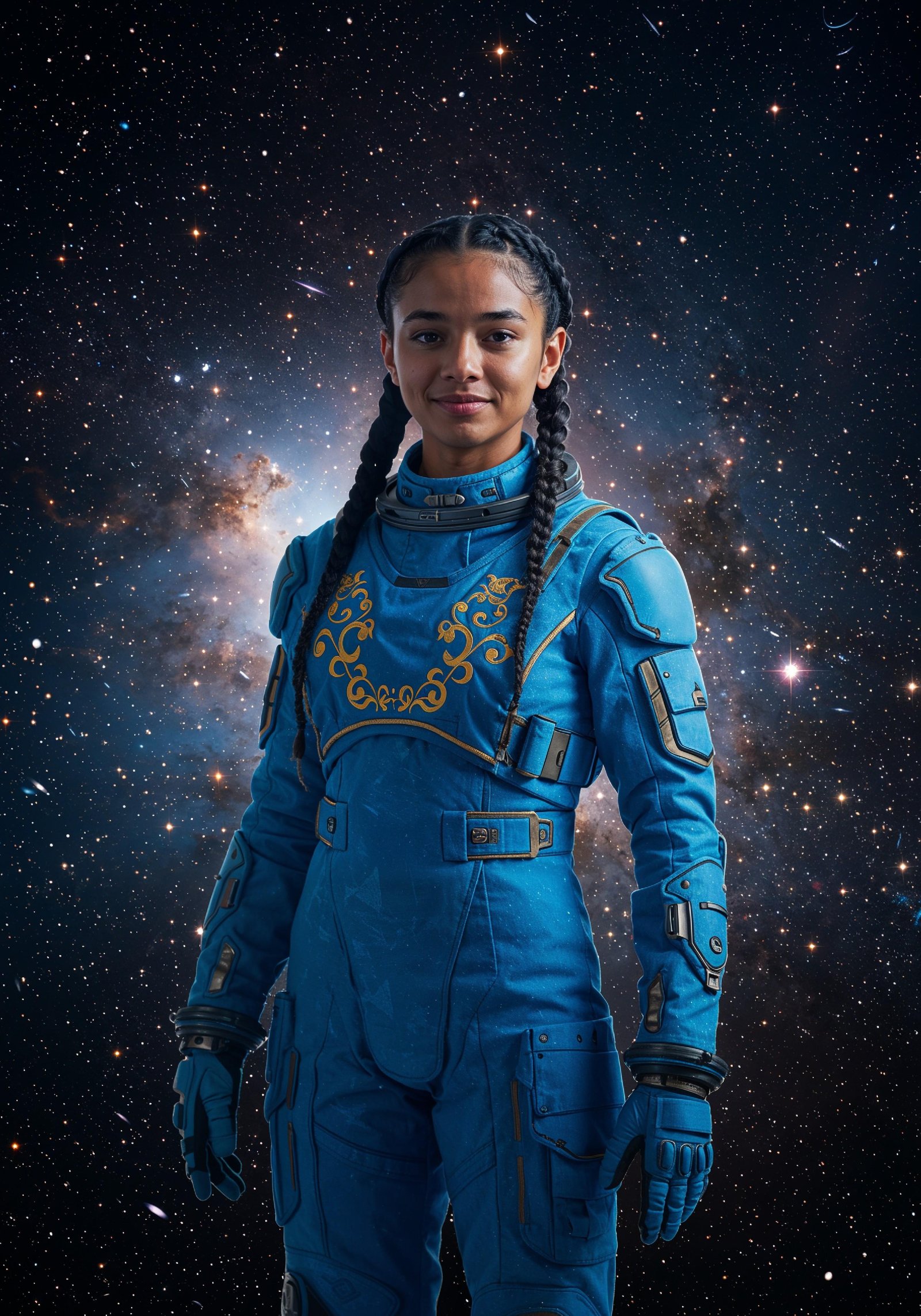 Young Female Astronaut in Spacesuit Standing on Alien Planet and Lunar Surface Landscape