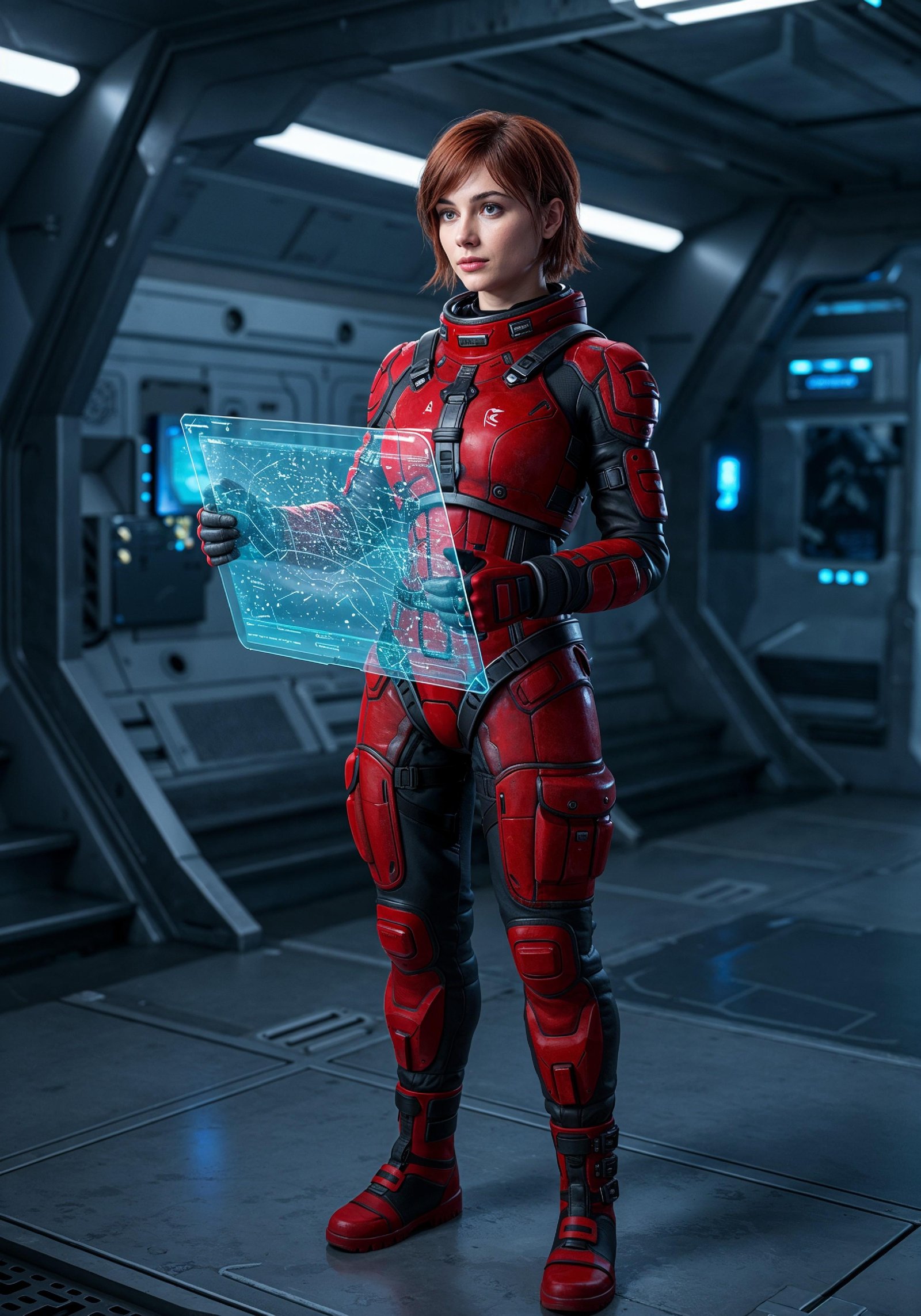 Young Female Astronaut in Spacesuit Standing on Alien Planet and Lunar Surface Landscape
