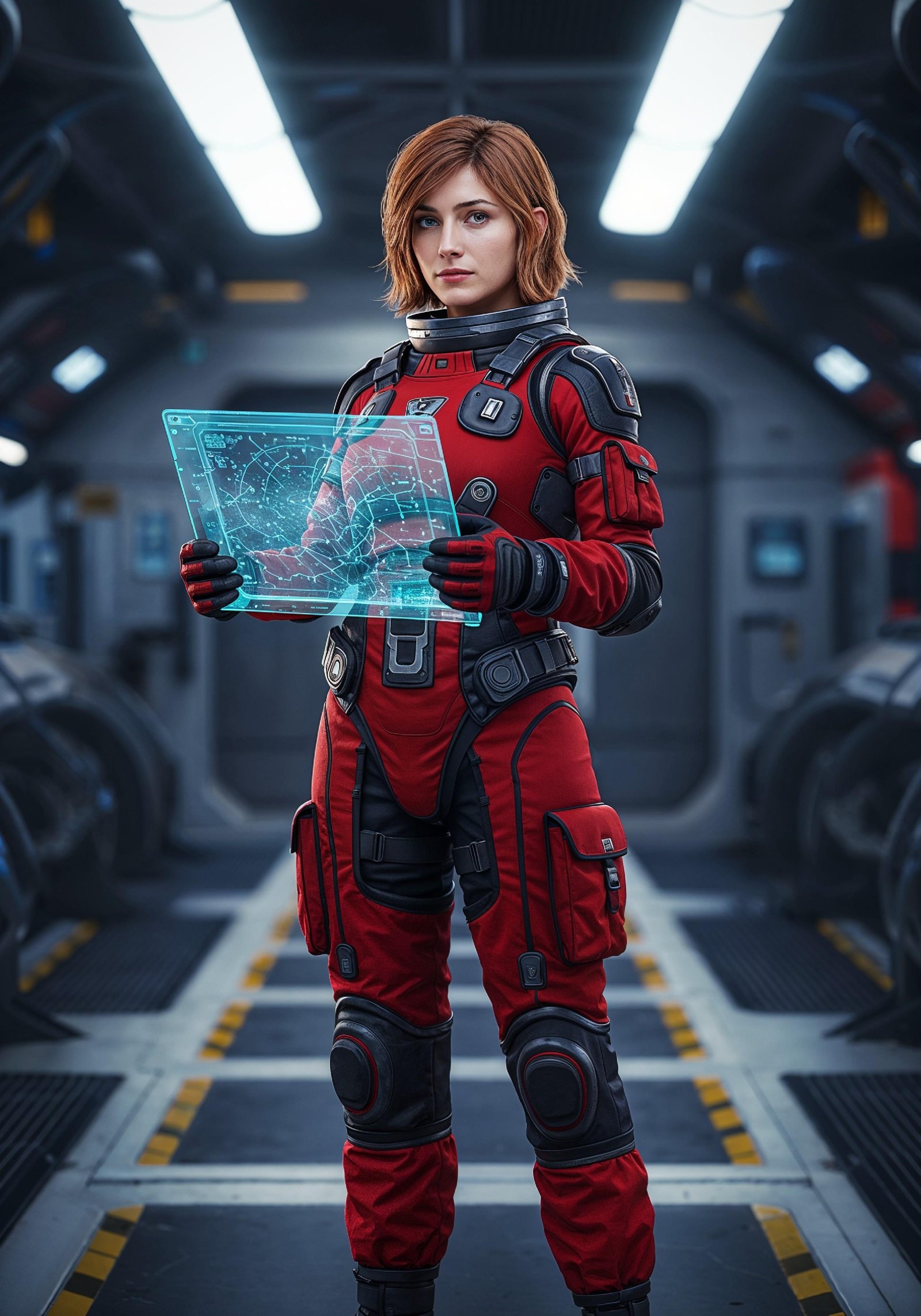 Young Female Astronaut in Spacesuit Standing on Alien Planet and Lunar Surface Landscape