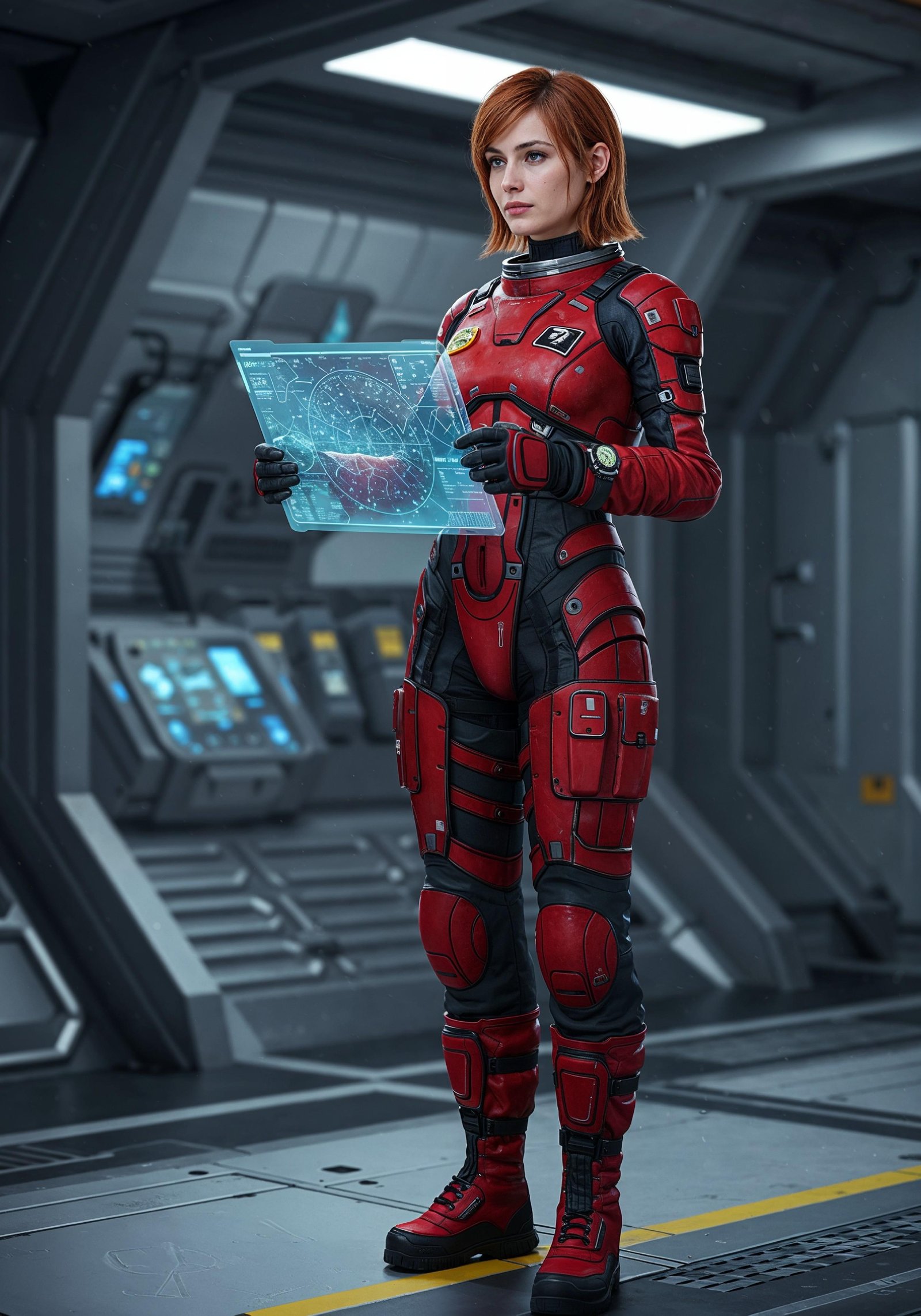 Young Female Astronaut in Spacesuit Standing on Alien Planet and Lunar Surface Landscape