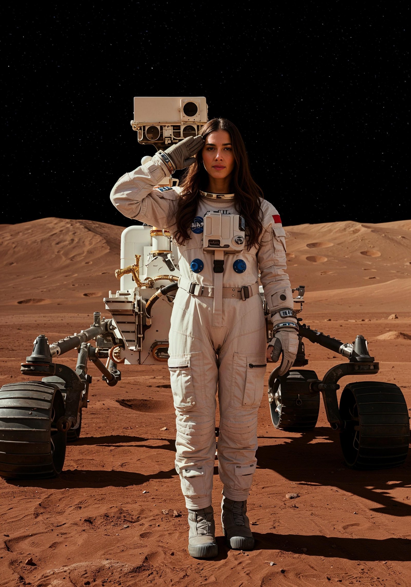 Young Female Astronaut in Spacesuit Standing on Alien Planet and Lunar Surface Landscape