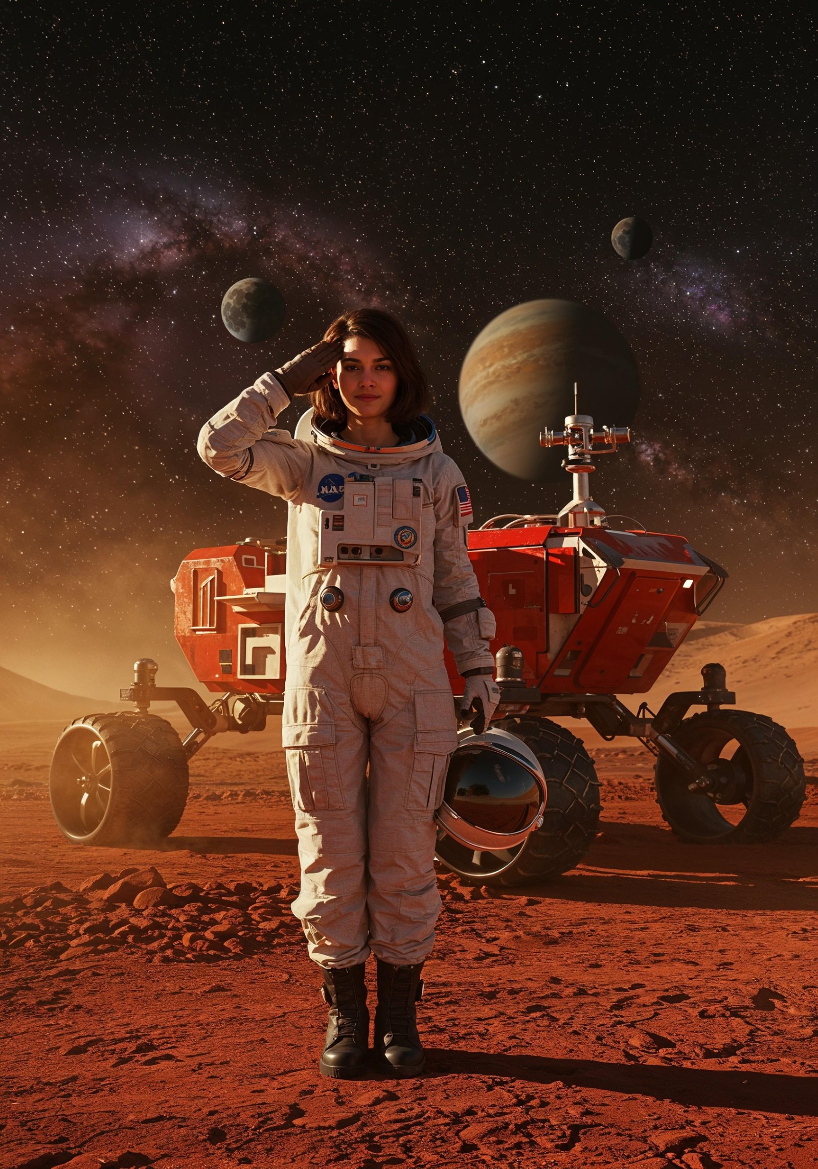 Young Female Astronaut in Spacesuit Standing on Alien Planet and Lunar Surface Landscape
