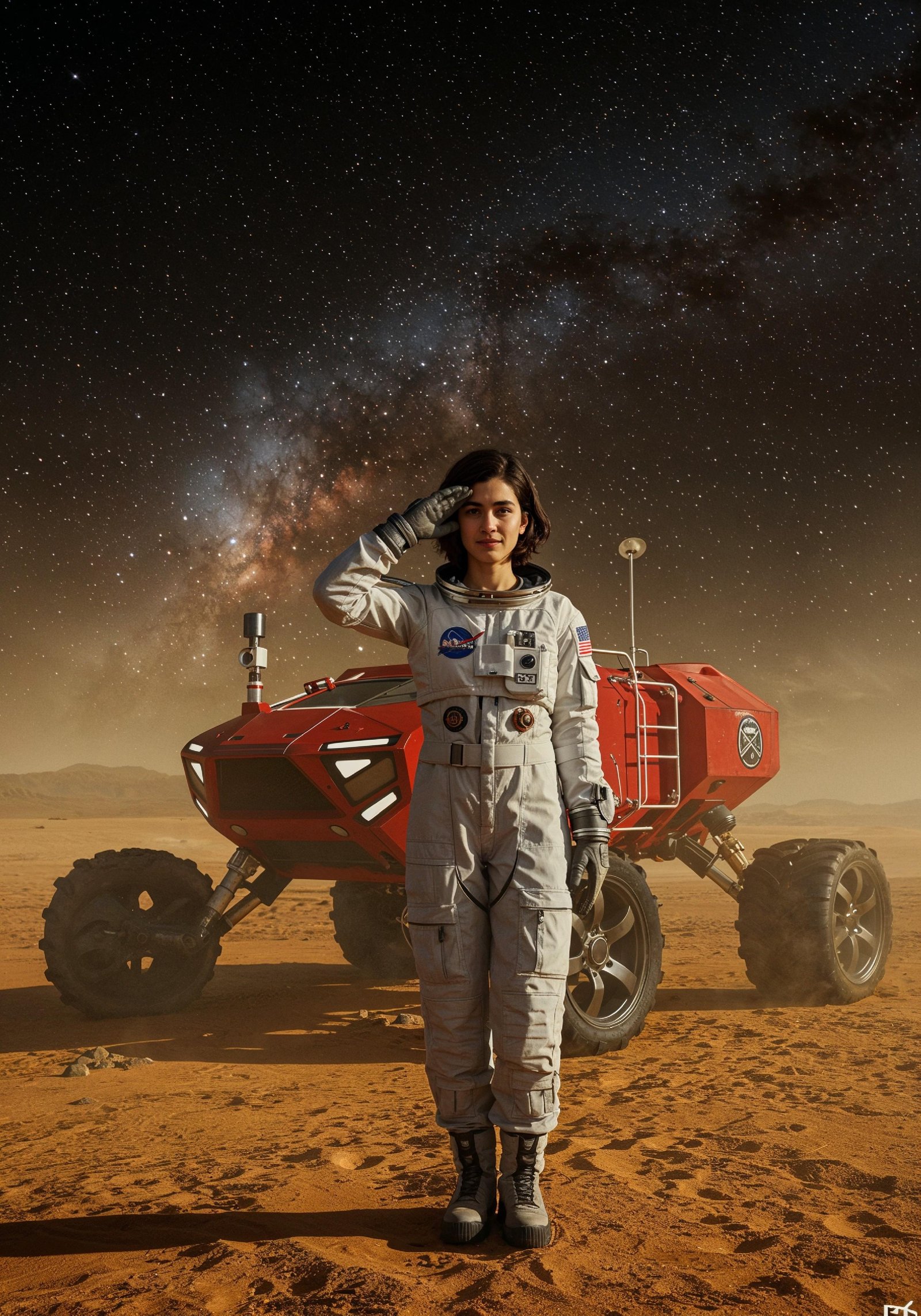 Young Female Astronaut in Spacesuit Standing on Alien Planet and Lunar Surface Landscape