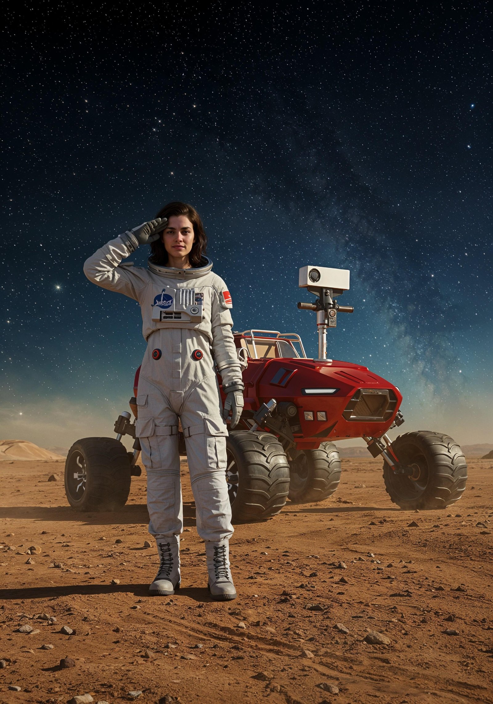 Young Female Astronaut in Spacesuit Standing on Alien Planet and Lunar Surface Landscape