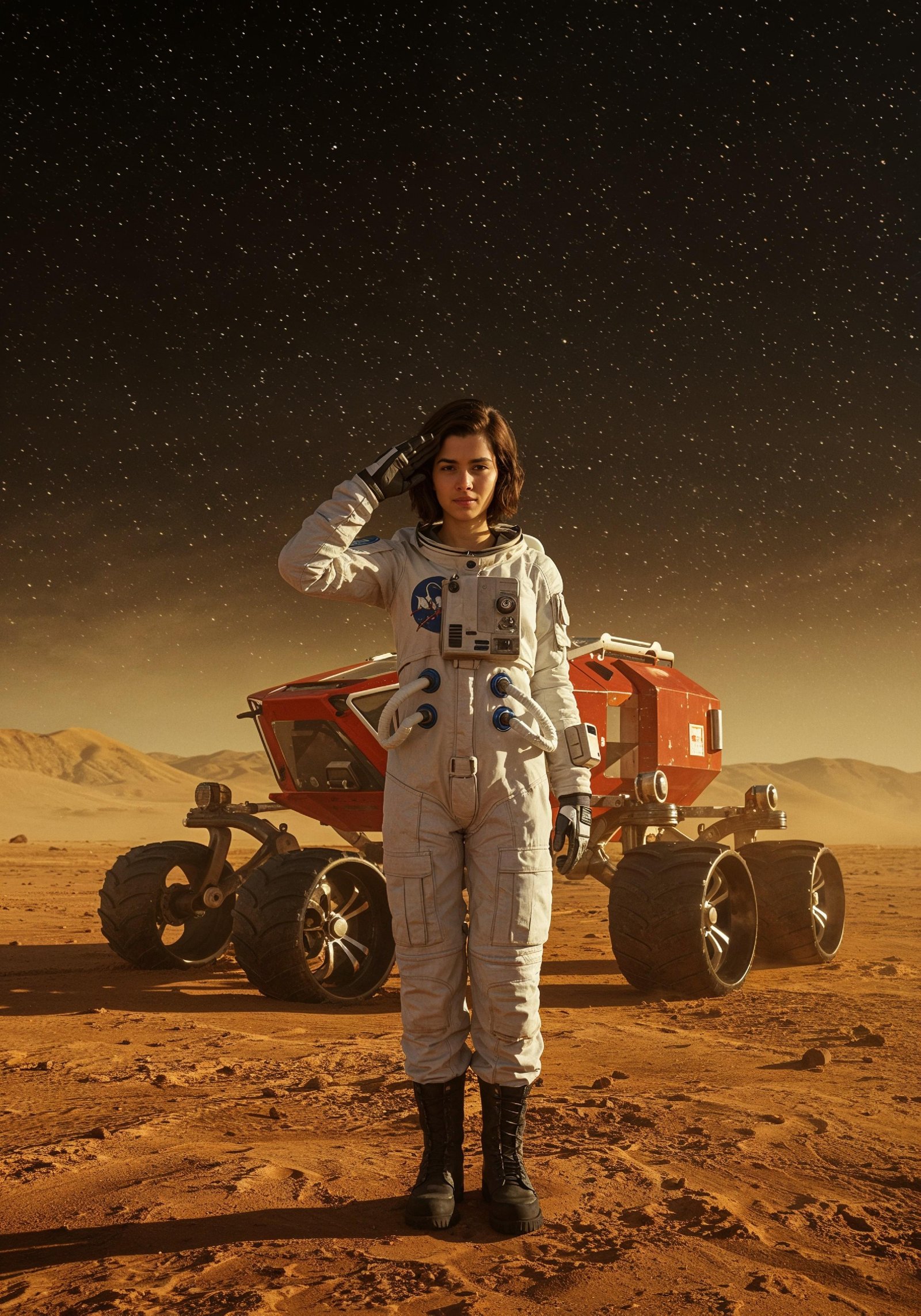 Young Female Astronaut in Spacesuit Standing on Alien Planet and Lunar Surface Landscape