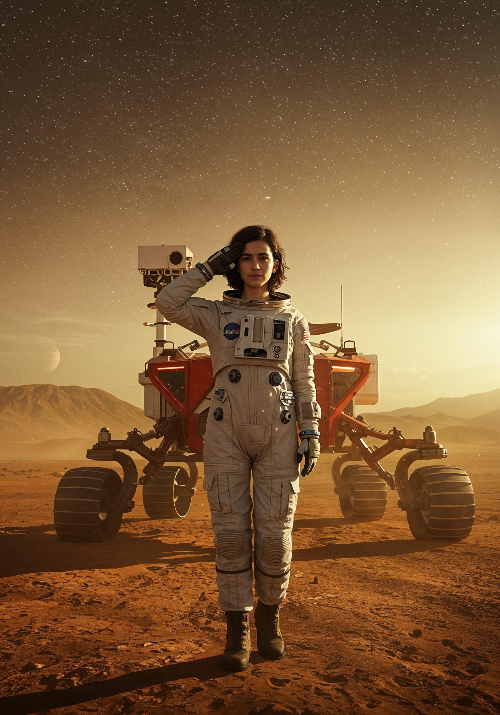 Young Female Astronaut in Spacesuit Standing on Alien Planet and Lunar Surface Landscape