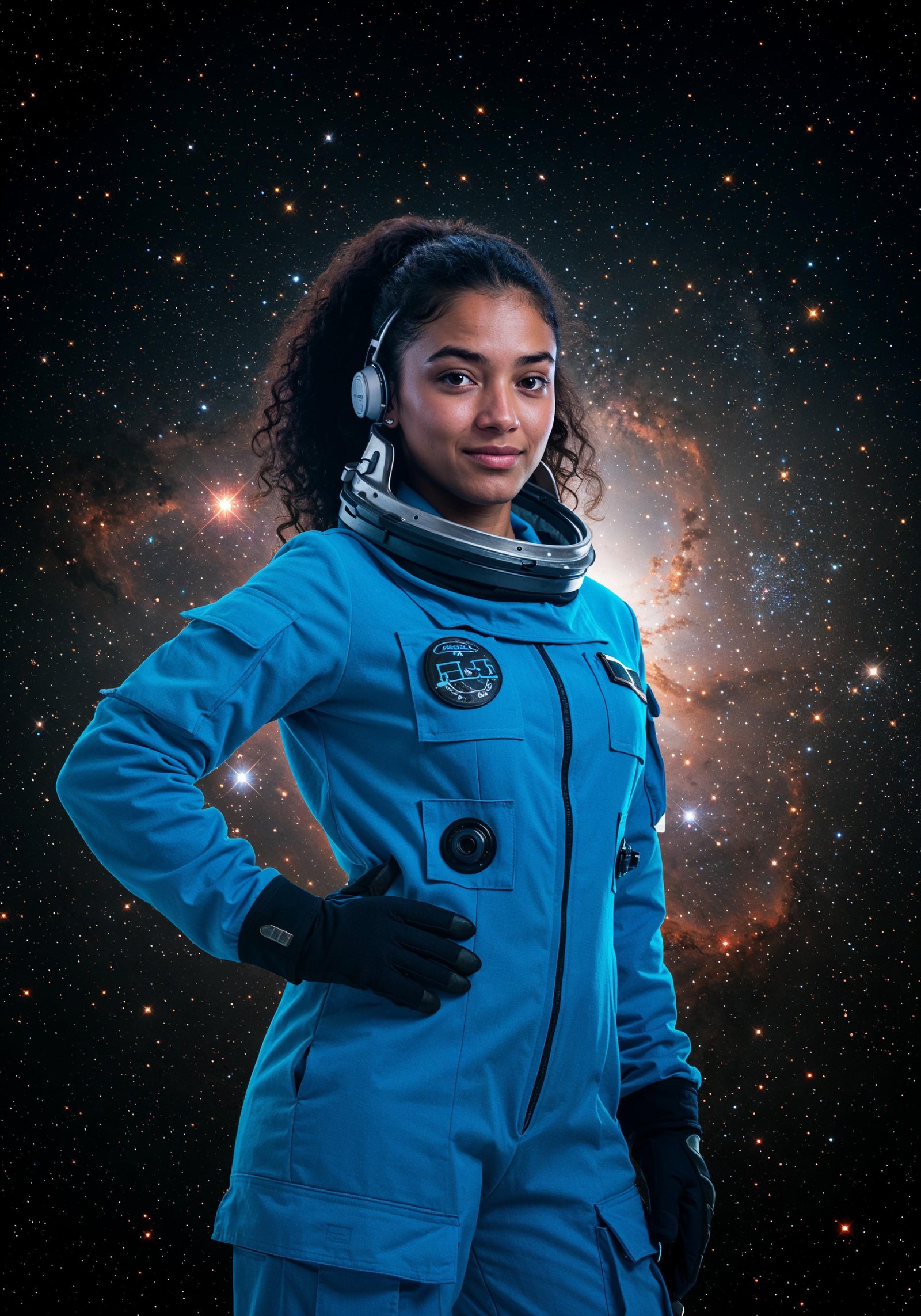Young Female Astronaut in Spacesuit Standing on Alien Planet and Lunar Surface Landscape