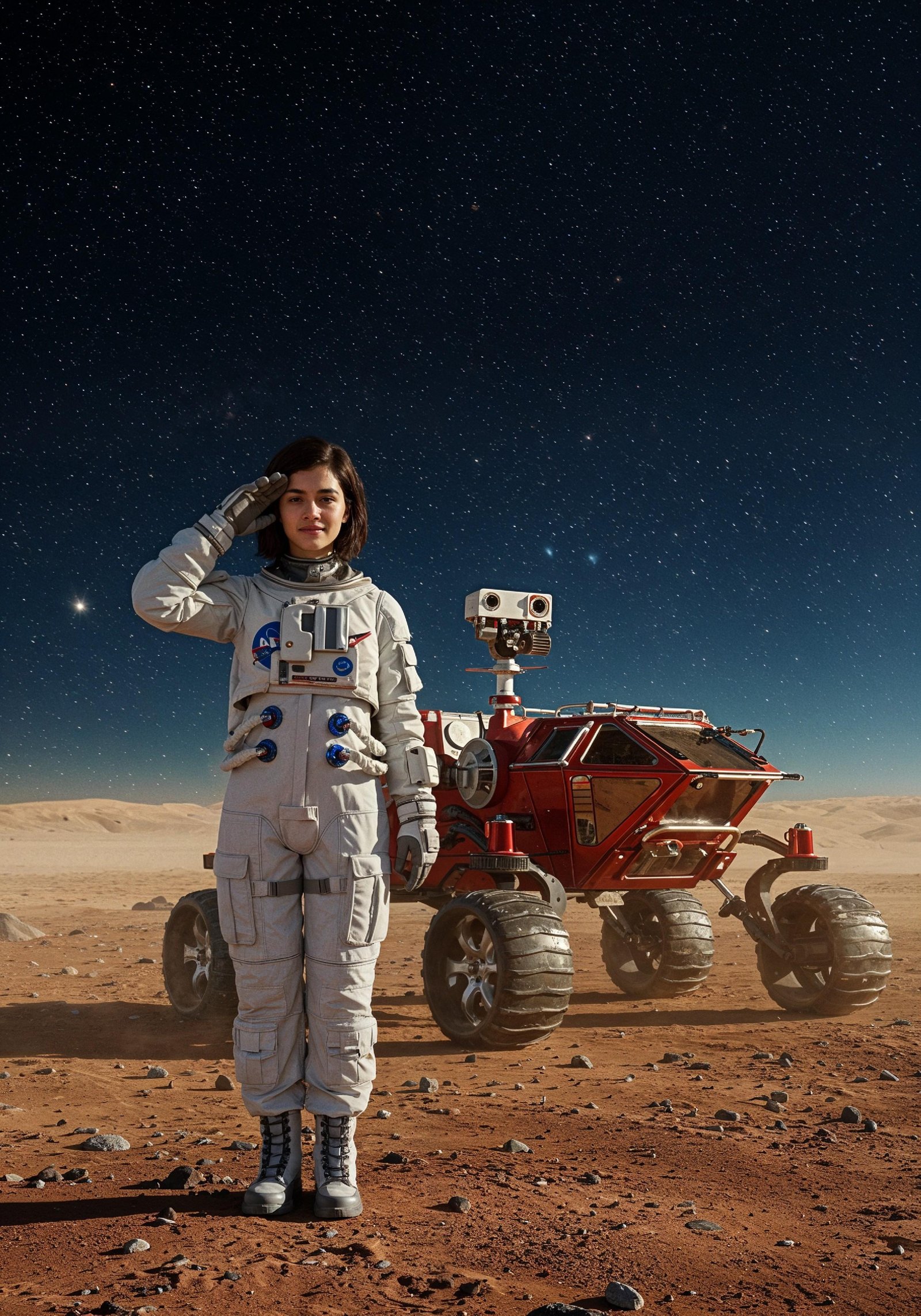 Young Female Astronaut in Spacesuit Standing on Alien Planet and Lunar Surface Landscape