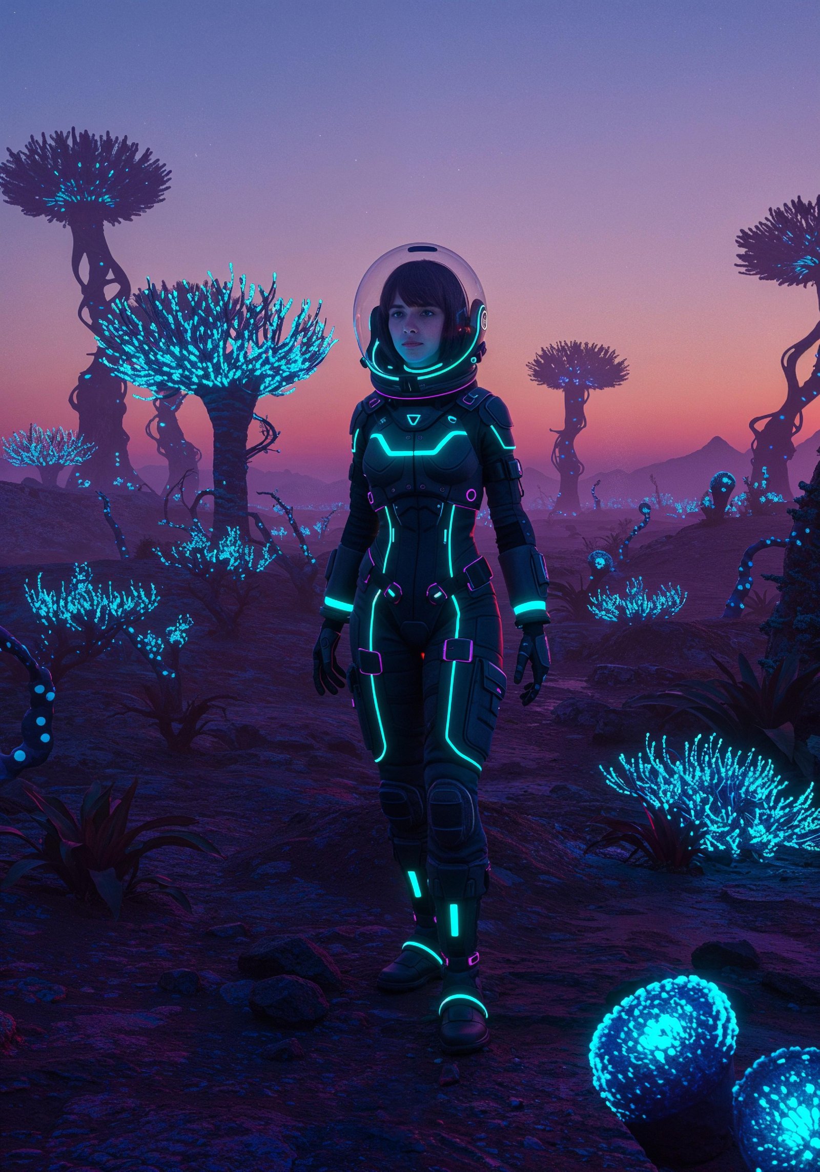 Young Female Astronaut in Spacesuit Standing on Alien Planet and Lunar Surface Landscape