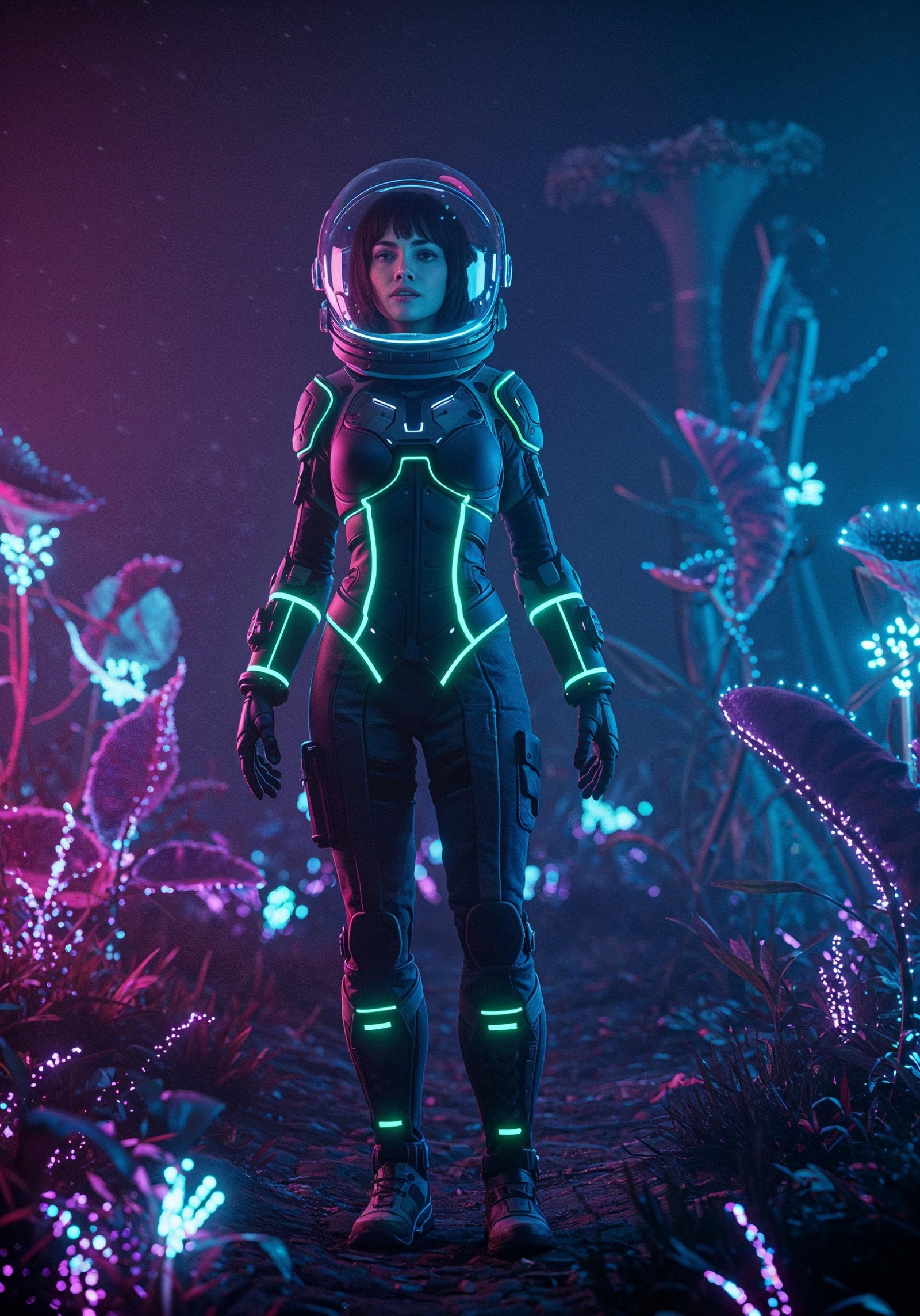 Young Female Astronaut in Spacesuit Standing on Alien Planet and Lunar Surface Landscape