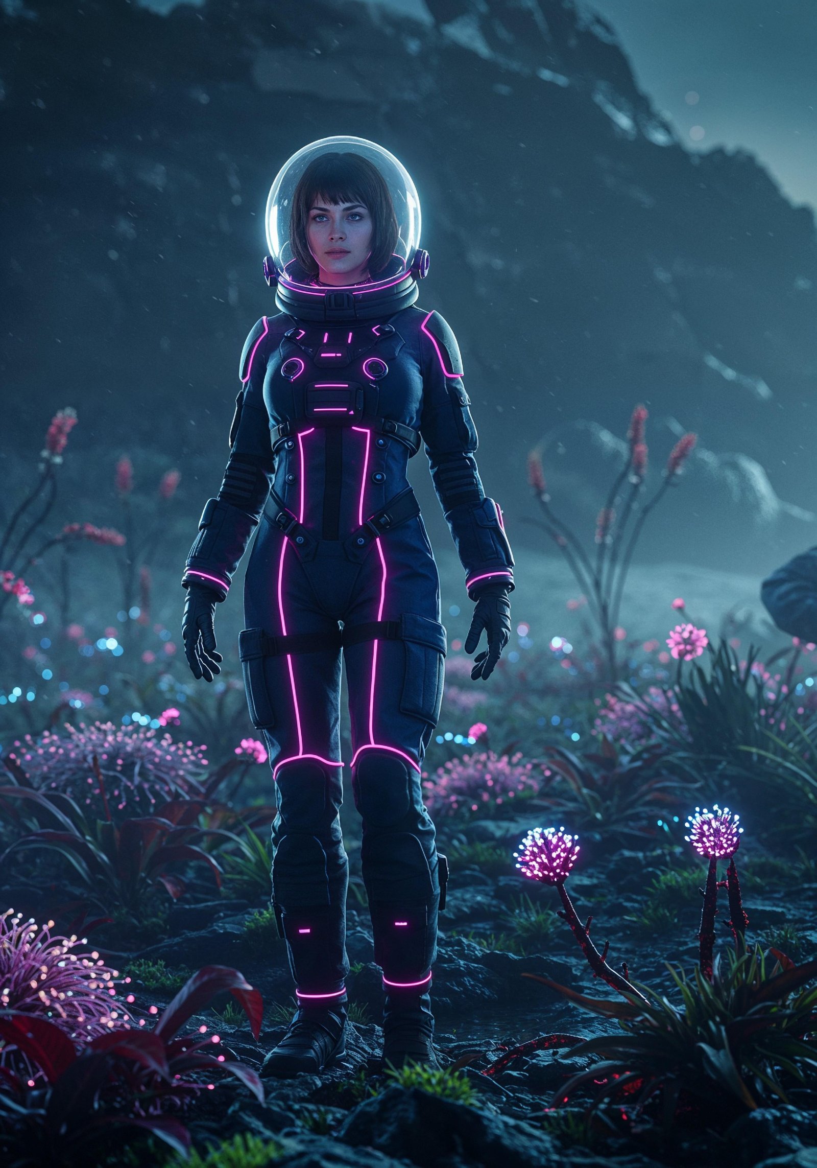 Young Female Astronaut in Spacesuit Standing on Alien Planet and Lunar Surface Landscape