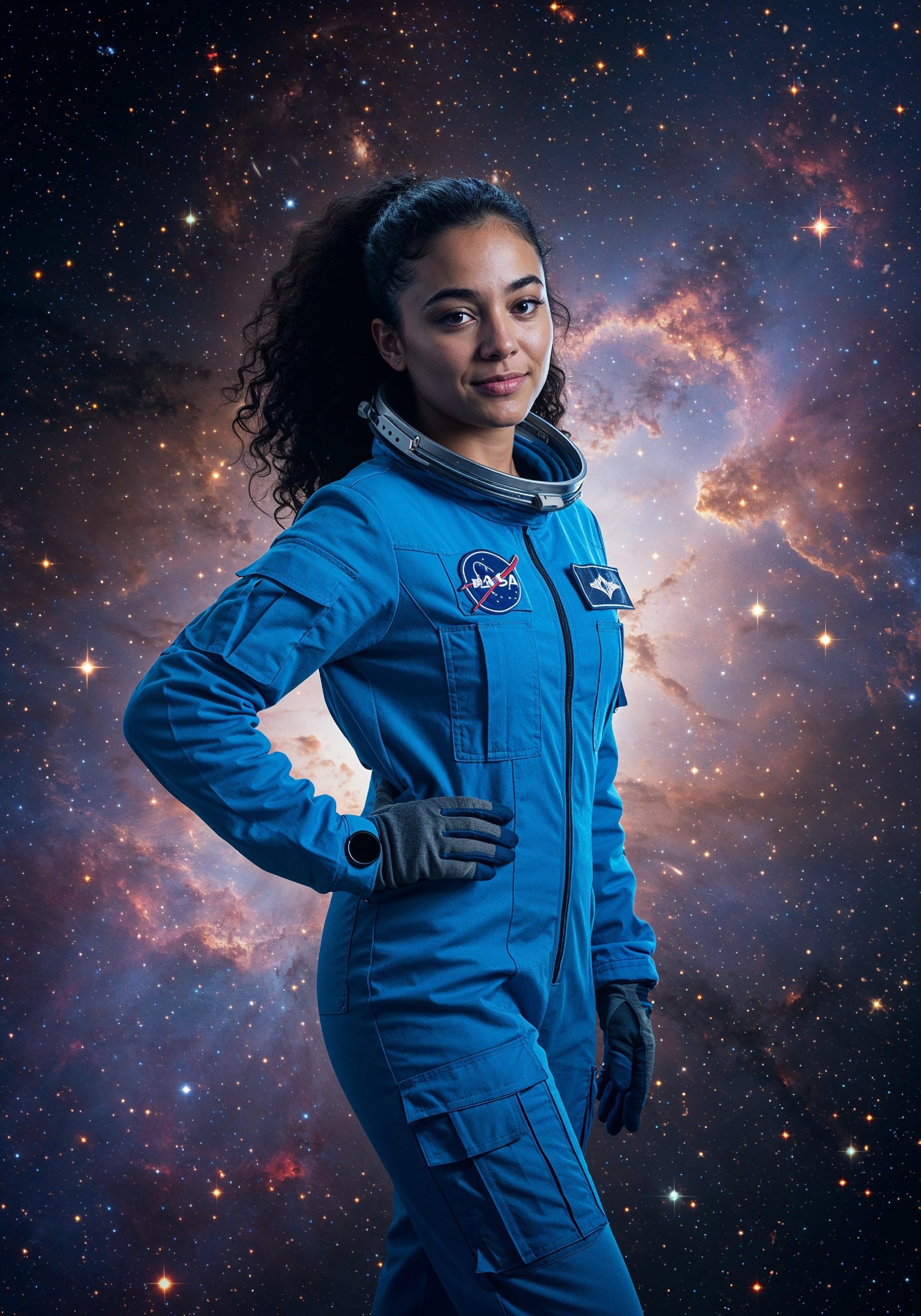 Young Female Astronaut in Spacesuit Standing on Alien Planet and Lunar Surface Landscape