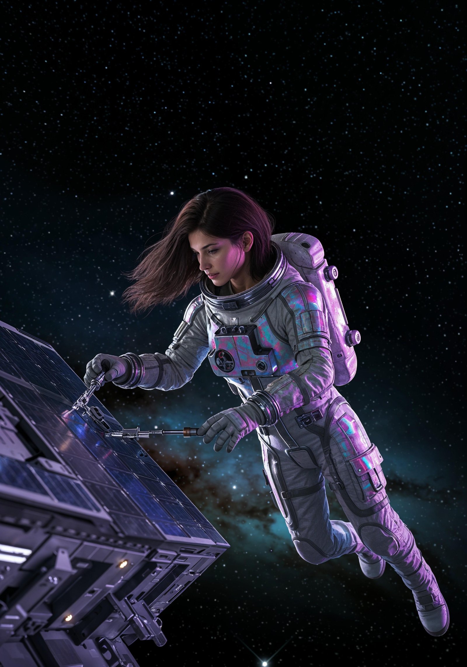 Young Female Astronaut in Spacesuit Standing on Alien Planet and Lunar Surface Landscape