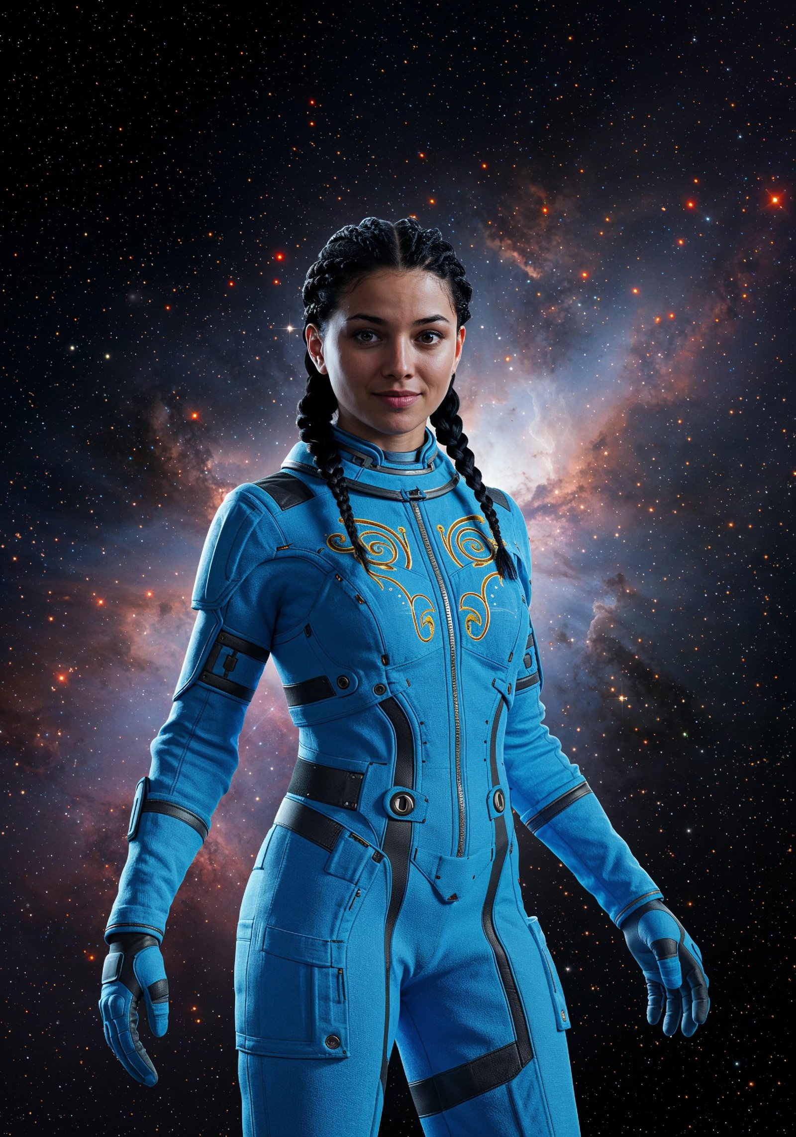 Young Female Astronaut in Spacesuit Standing on Alien Planet and Lunar Surface Landscape