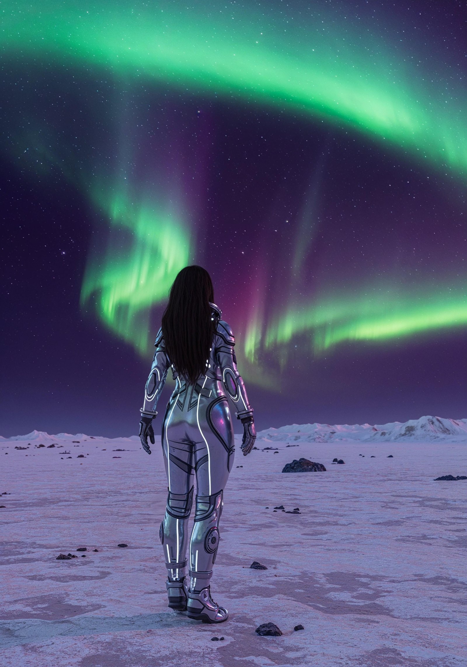 Young Female Astronaut in Spacesuit Standing on Alien Planet and Lunar Surface Landscape