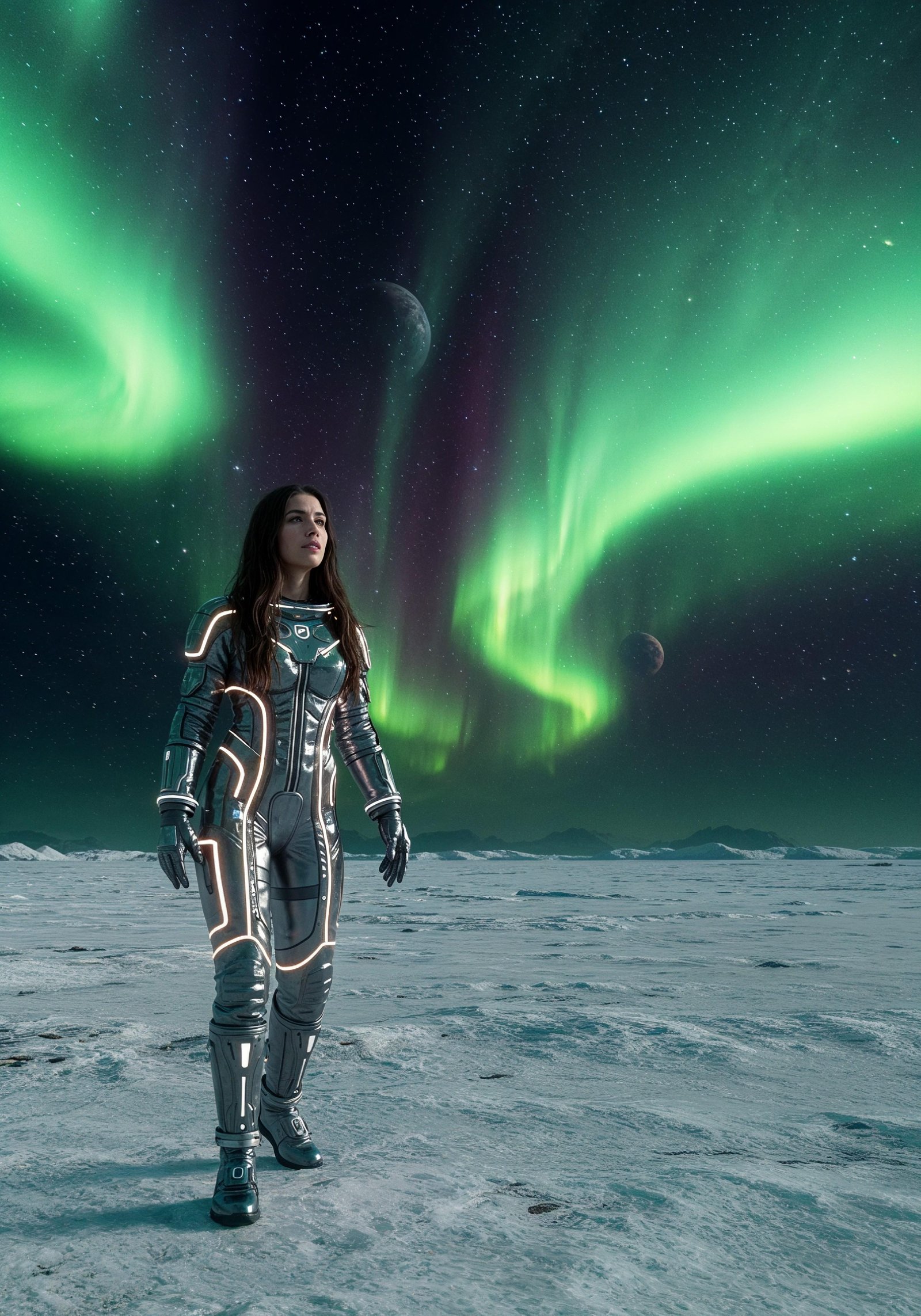 Young Female Astronaut in Spacesuit Standing on Alien Planet and Lunar Surface Landscape