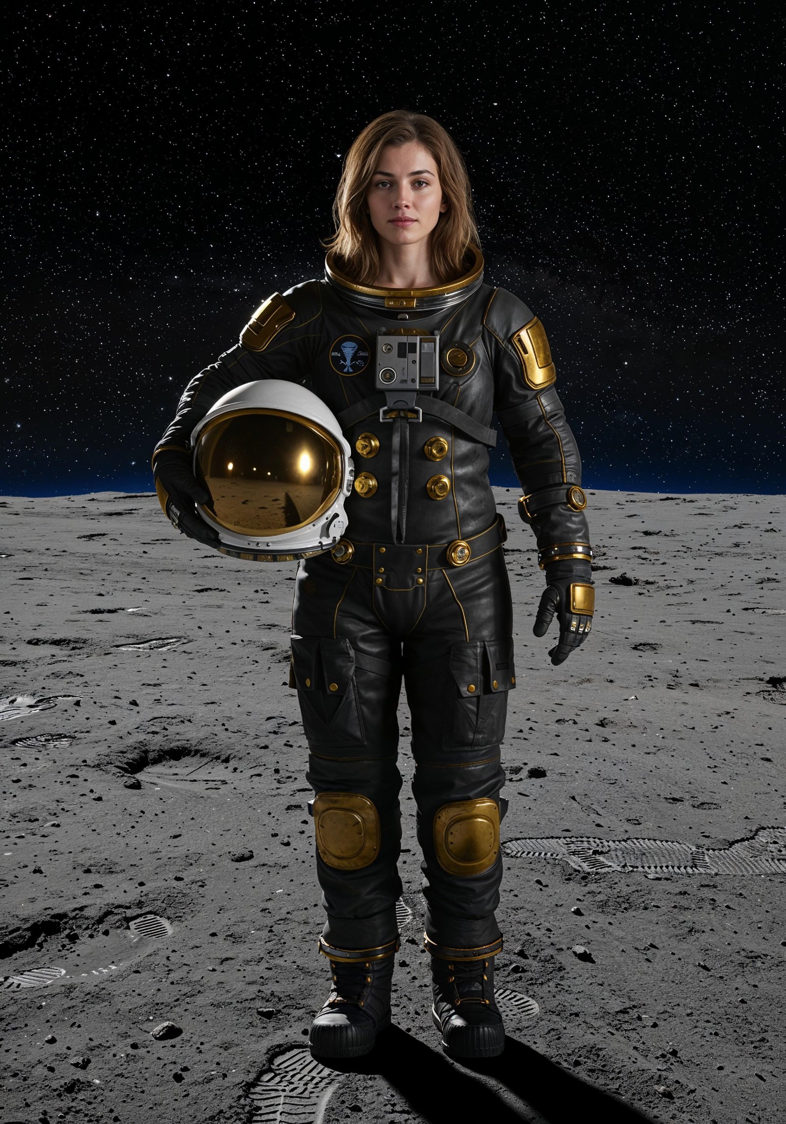 Young Female Astronaut in Spacesuit Standing on Alien Planet and Lunar Surface Landscape