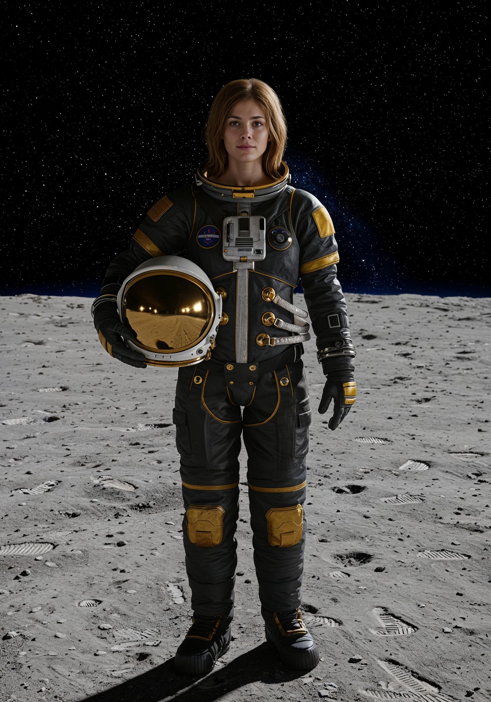 Young Female Astronaut in Spacesuit Standing on Alien Planet and Lunar Surface Landscape
